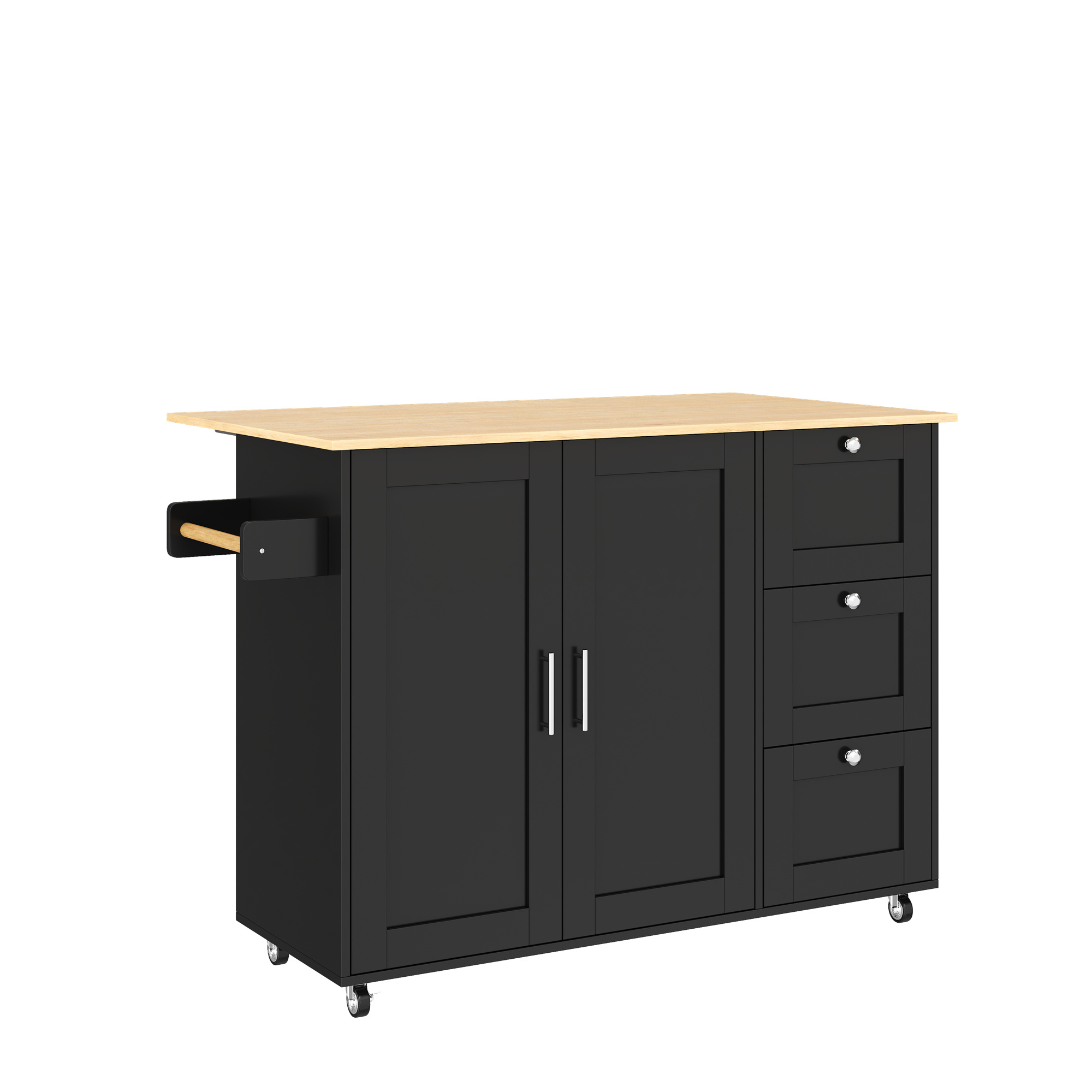 Îlot de cuisine mobile 135x44(70)x90 cm en bois de chêne avec rangement, 3 tiroirs, porte-serviettes, sur roulettes, noir et naturel