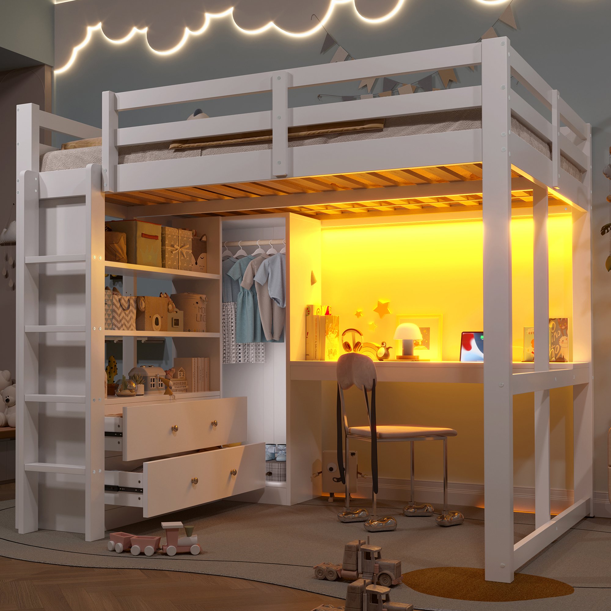 Lit mezzanine 140x200 blanc en pin et Panneau composite de fibres de bois à densité avec bureau intégré, tiroirs et LED