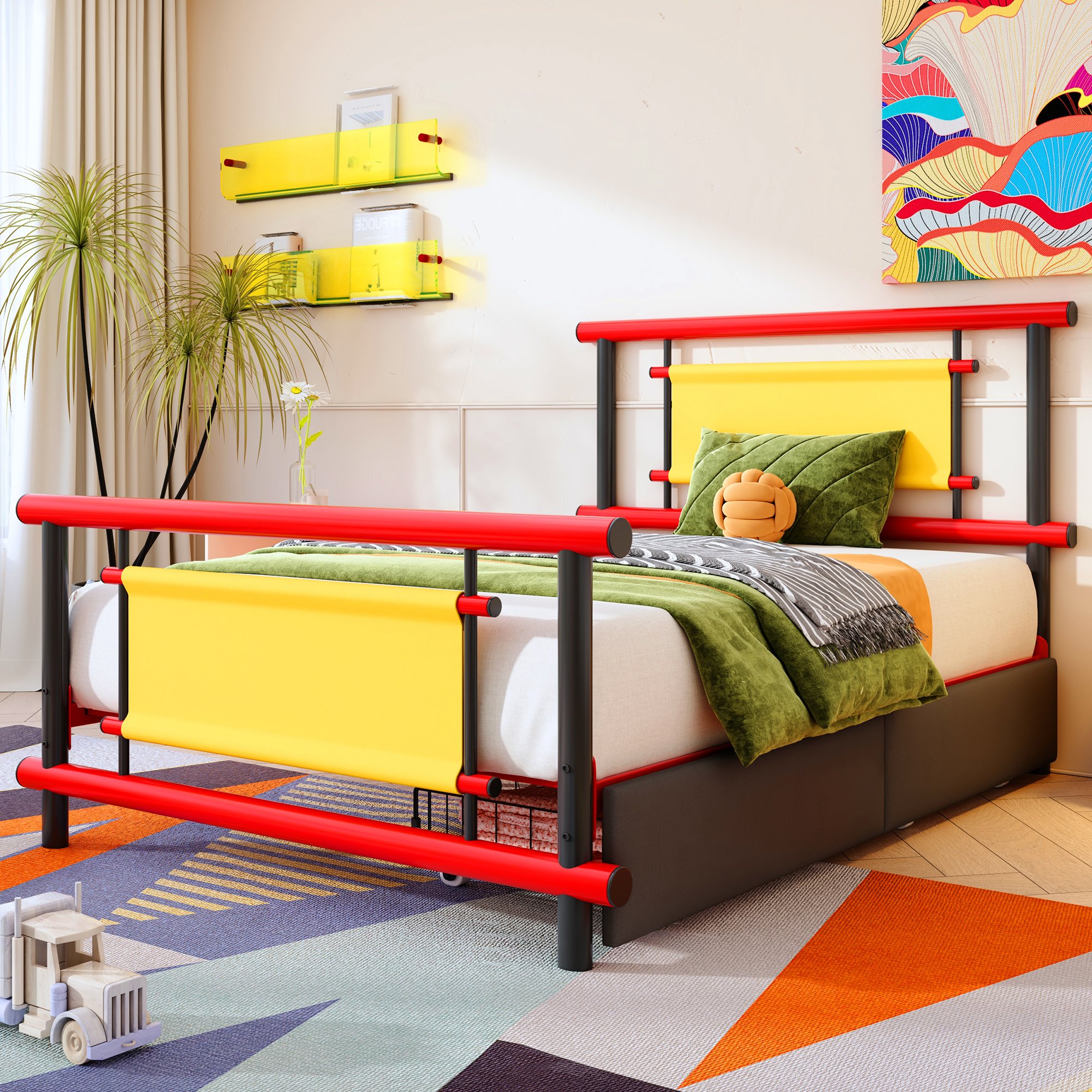 Lit enfant métal 90x200 rouge avec tiroirs, lit simple pour garçon et fille, rangement intégré