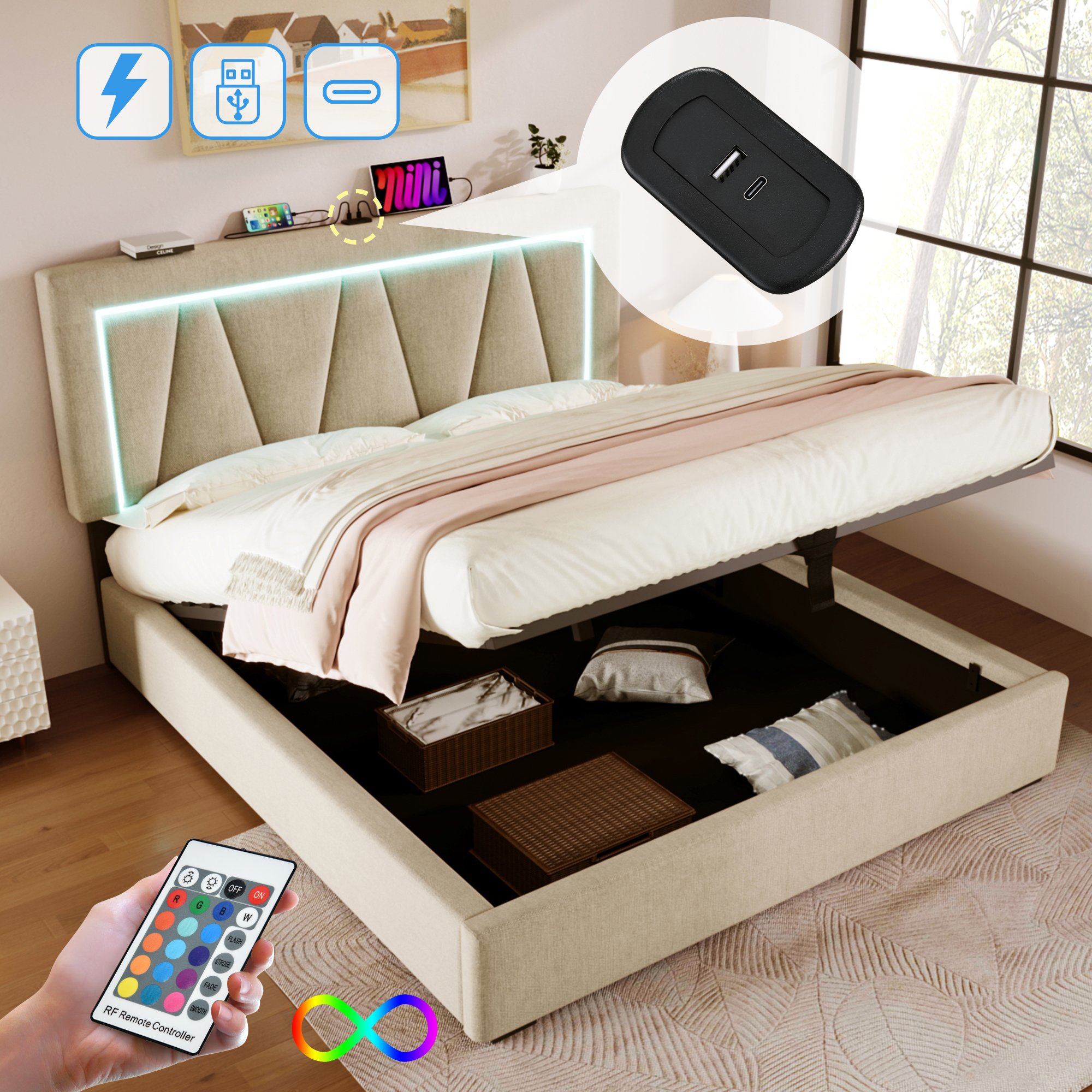 Lit coffre 160x200 avec sommier à lattes, LED RGB télécommande, USB Type-C, tête de lit capitonnée beige et rangement