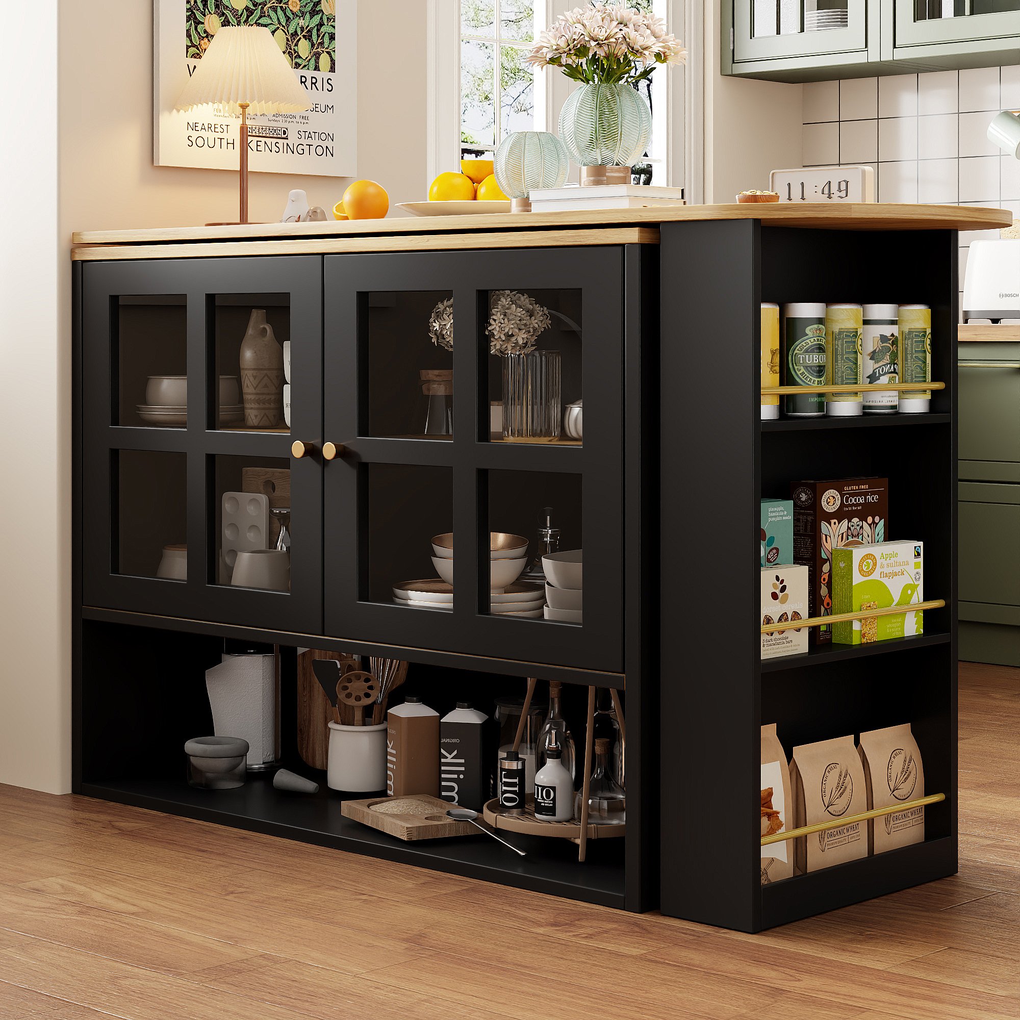 Îlot de cuisine rotatif 360° avec rangement et étagères, extensible de 138 à 204 cm, noir, Panneau composite de fibres de bois à densité et verre trempé