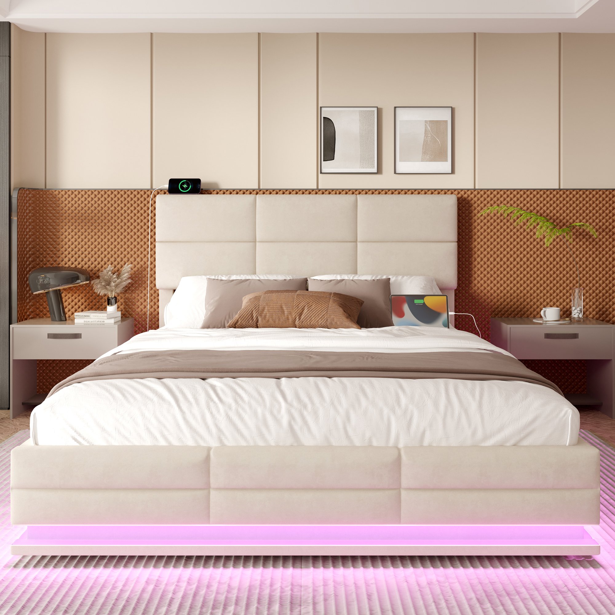 Lit coffre 180x200 velours beige avec tête réglable, LED, USB et rangement hydraulique