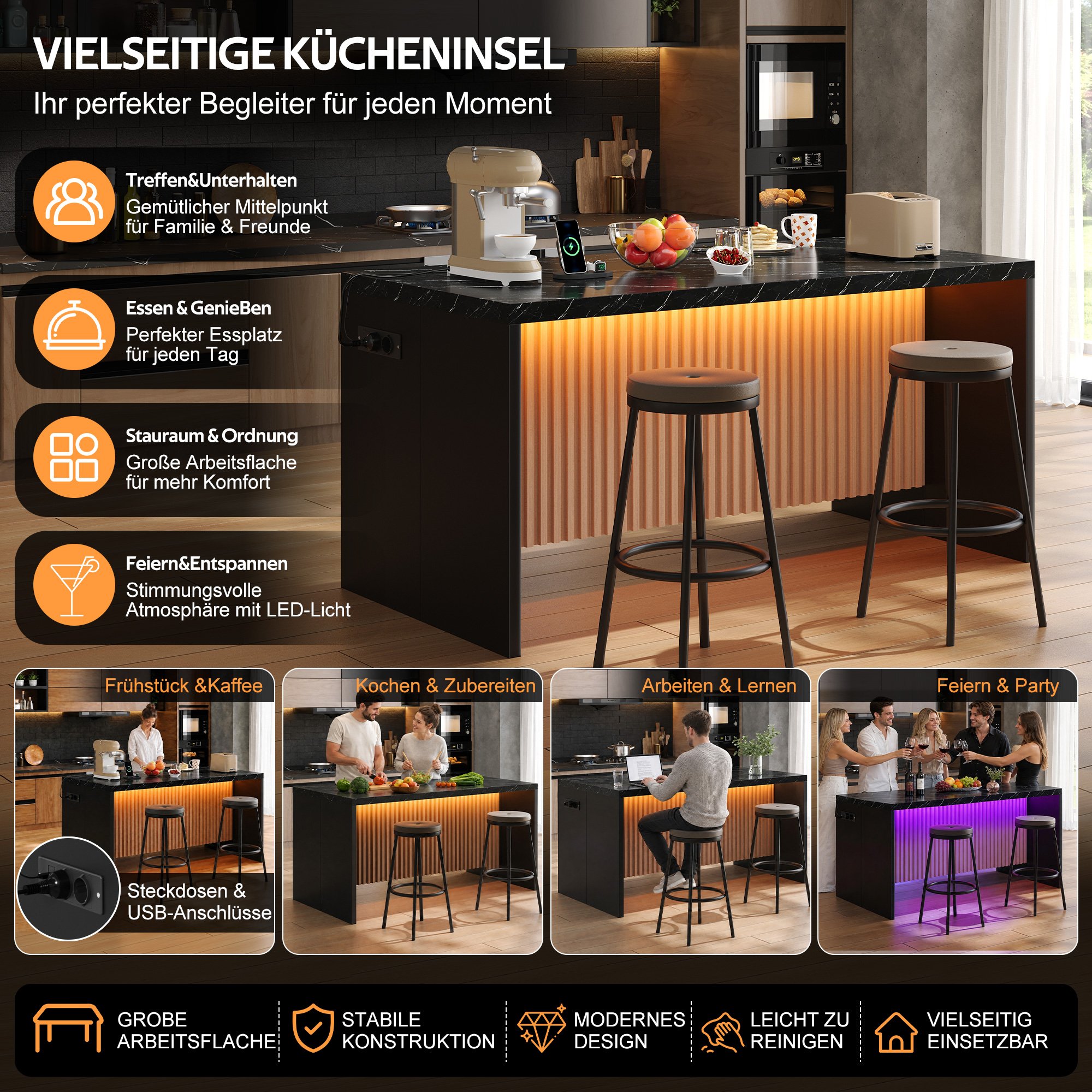 Îlot de cuisine avec éclairage LED, prises intégrées et ports USB, plan de travail 40 mm, rangement, 155x80x90 cm