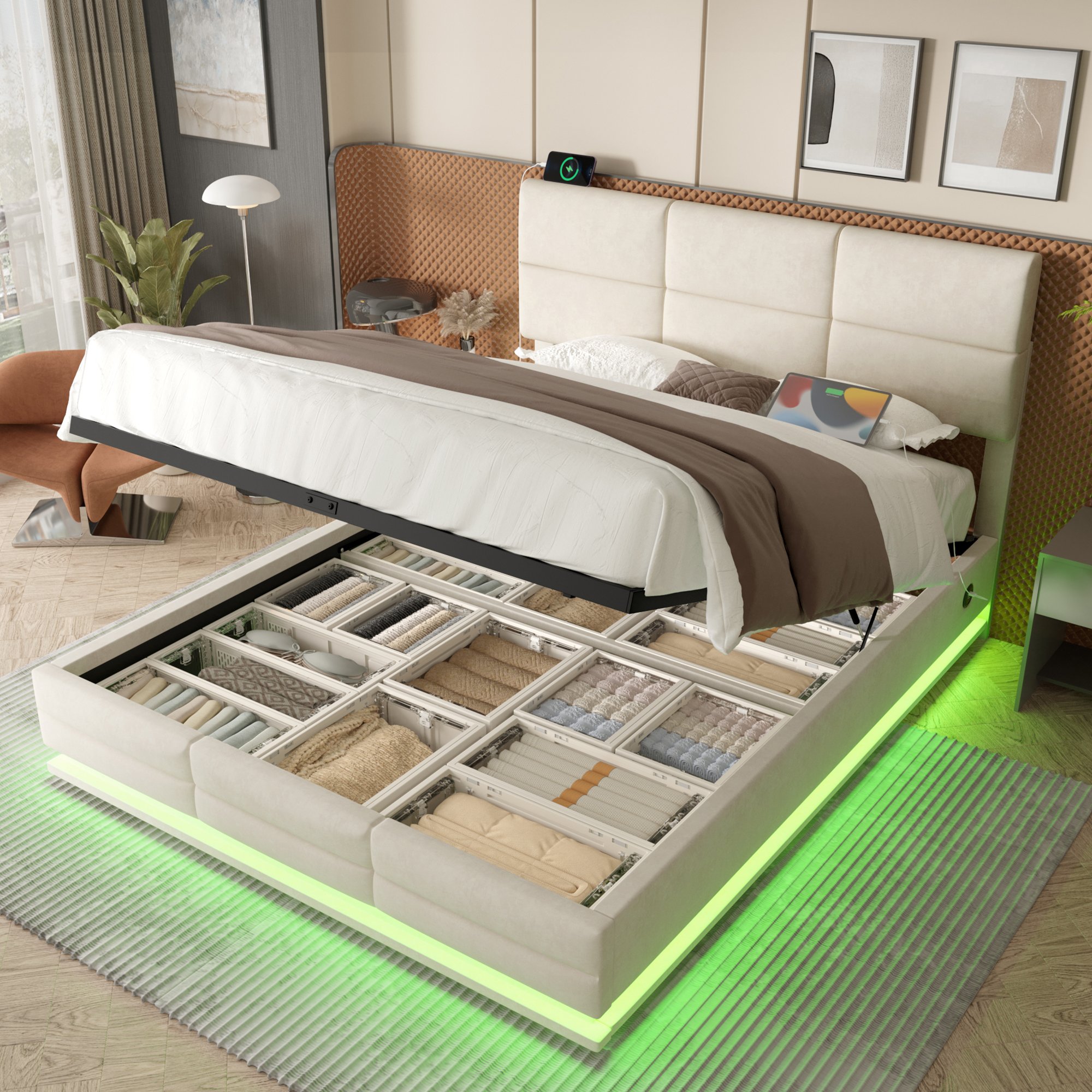 Lit coffre 180x200 velours beige avec tête réglable, LED, USB et rangement hydraulique