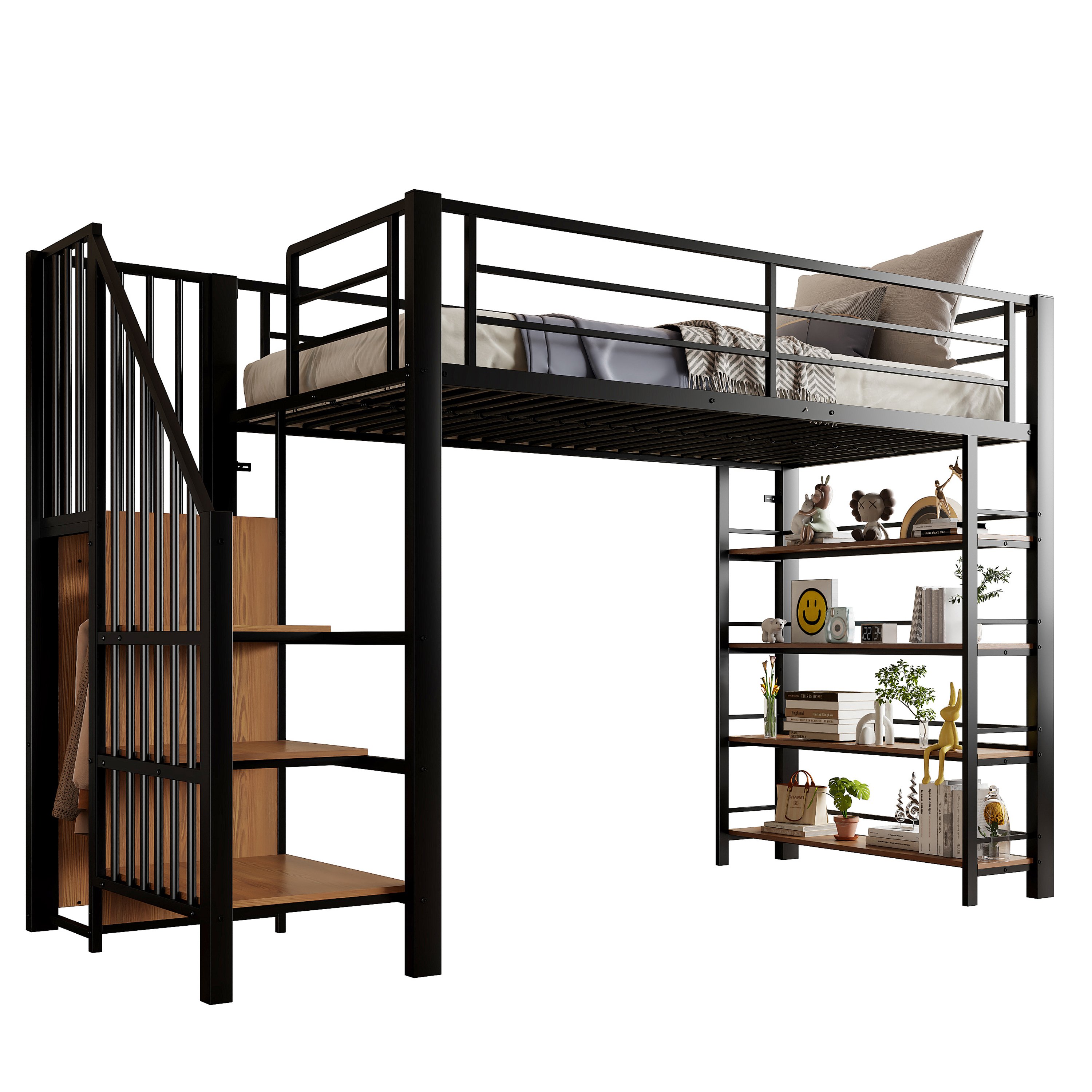Lit mezzanine 90x200 cm en métal noir avec échelle, rangements et penderie pour enfant