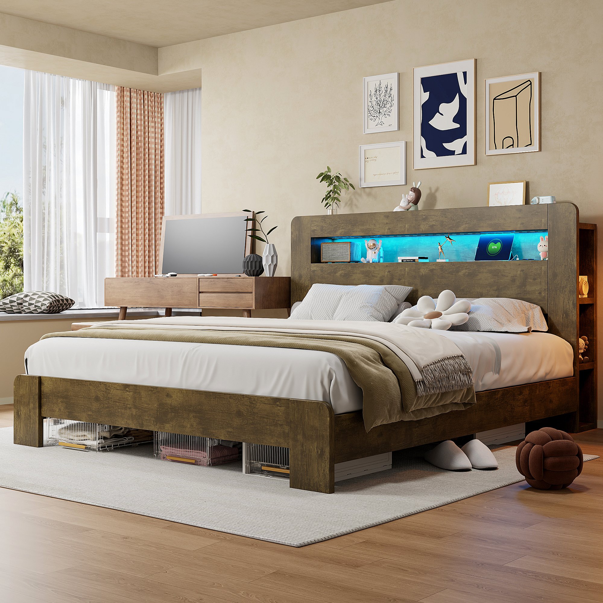 Lit coffre avec rangement au tête de lit, LED et prises USB, 180x200
