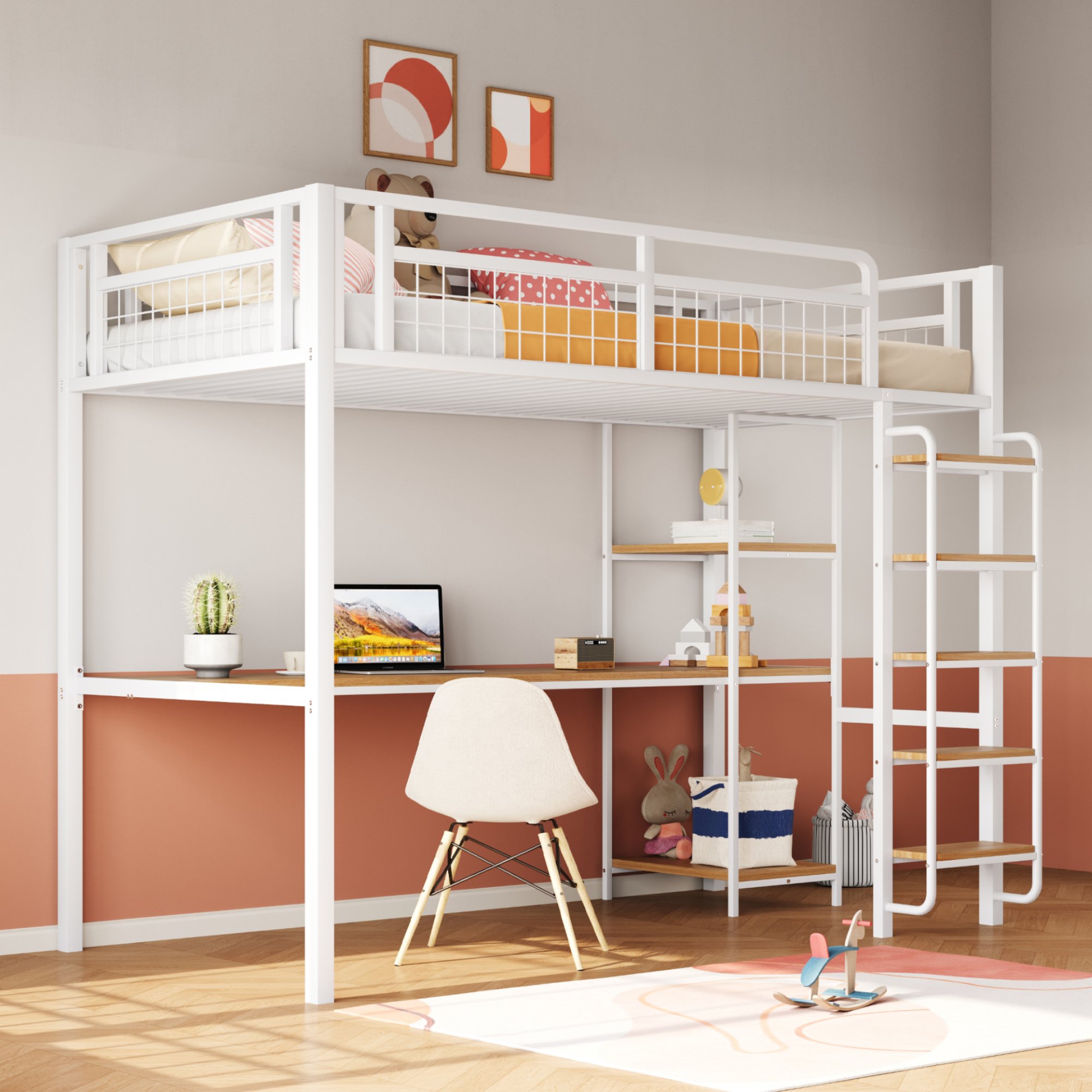 Lit mezzanine 90x200 avec bureau et rangements, échelle sécurisée, garde-corps, métal blanc