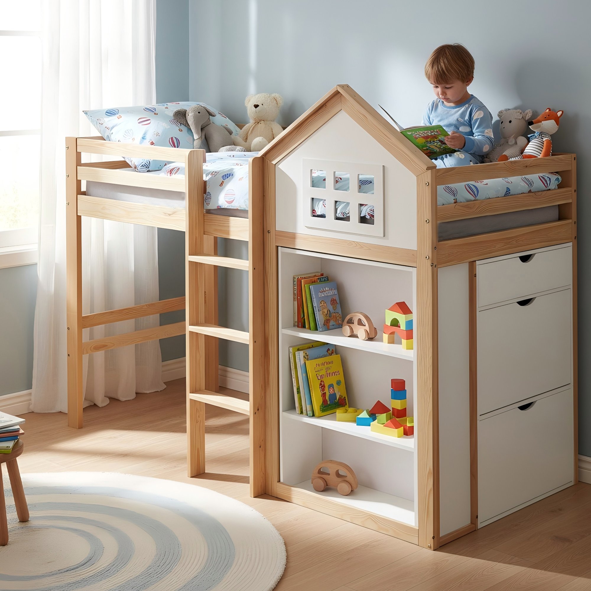 Lit mezzanine 90x200 avec rangements, échelle et barrière de sécurité, blanc et naturel
