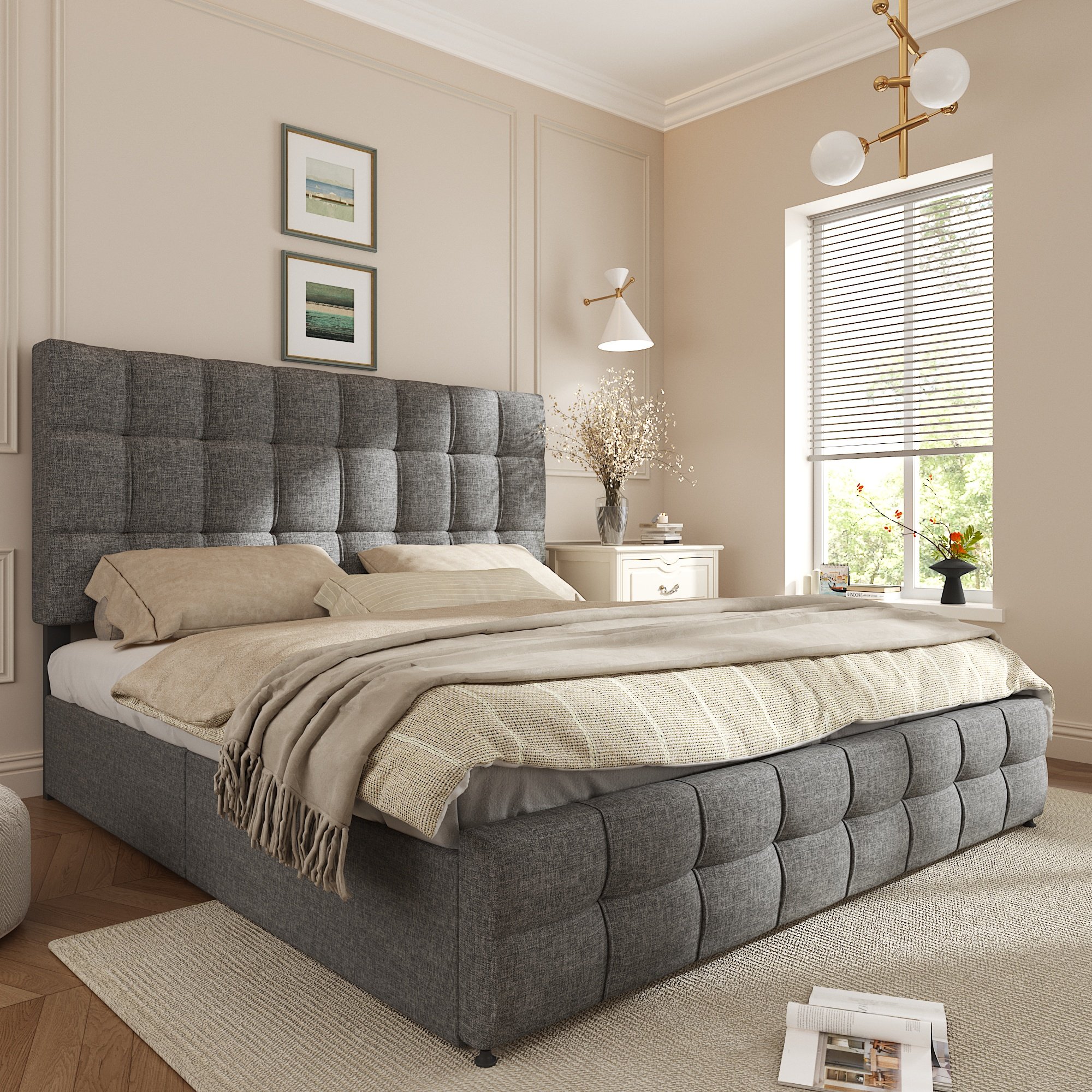 Lit coffre 140x200 gris capitonné avec 4 tiroirs roulants et revêtement doux au toucher pour intérieur élégant