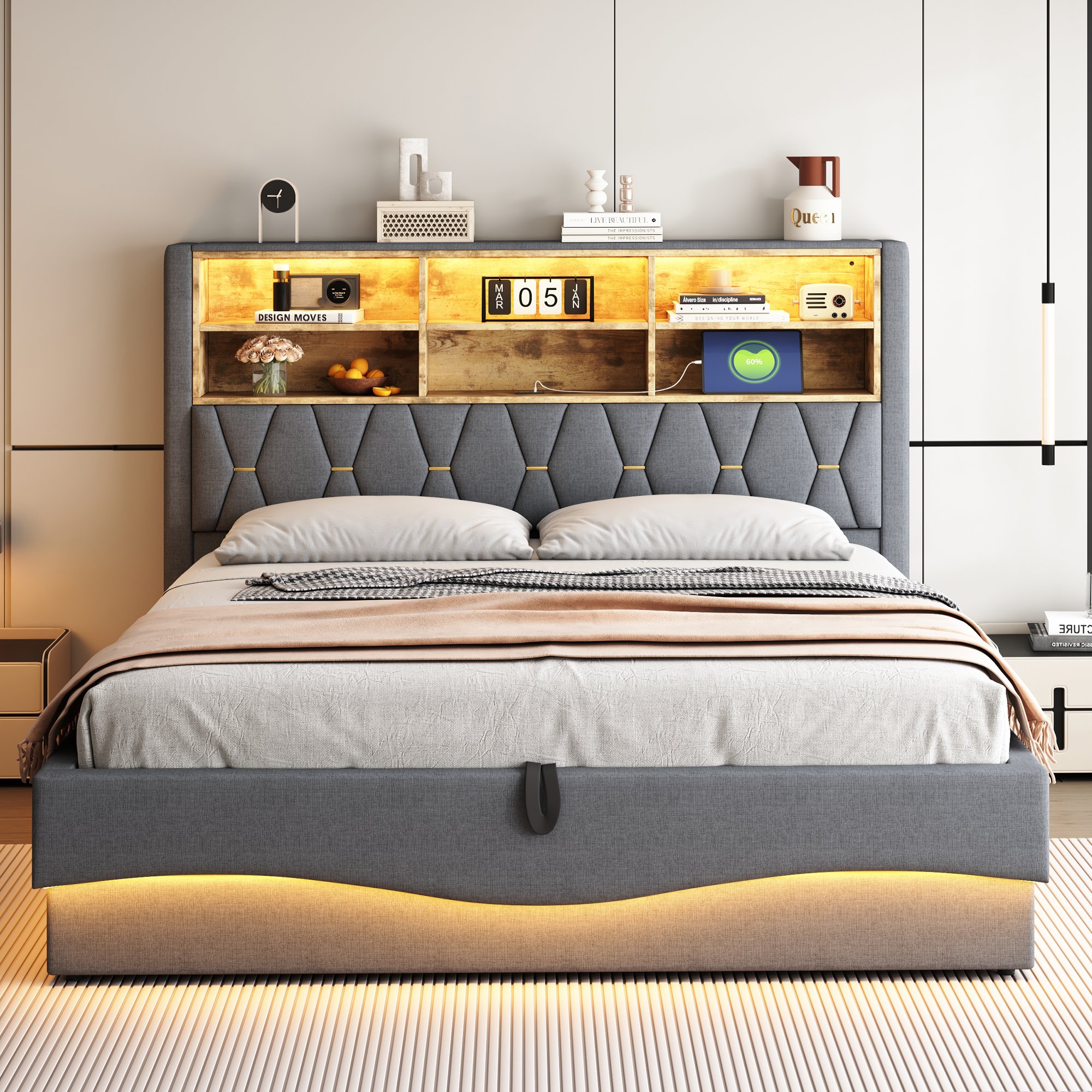 Lit coffre 180x200 pour 2 personnes avec sommier à lattes métallique et rangement