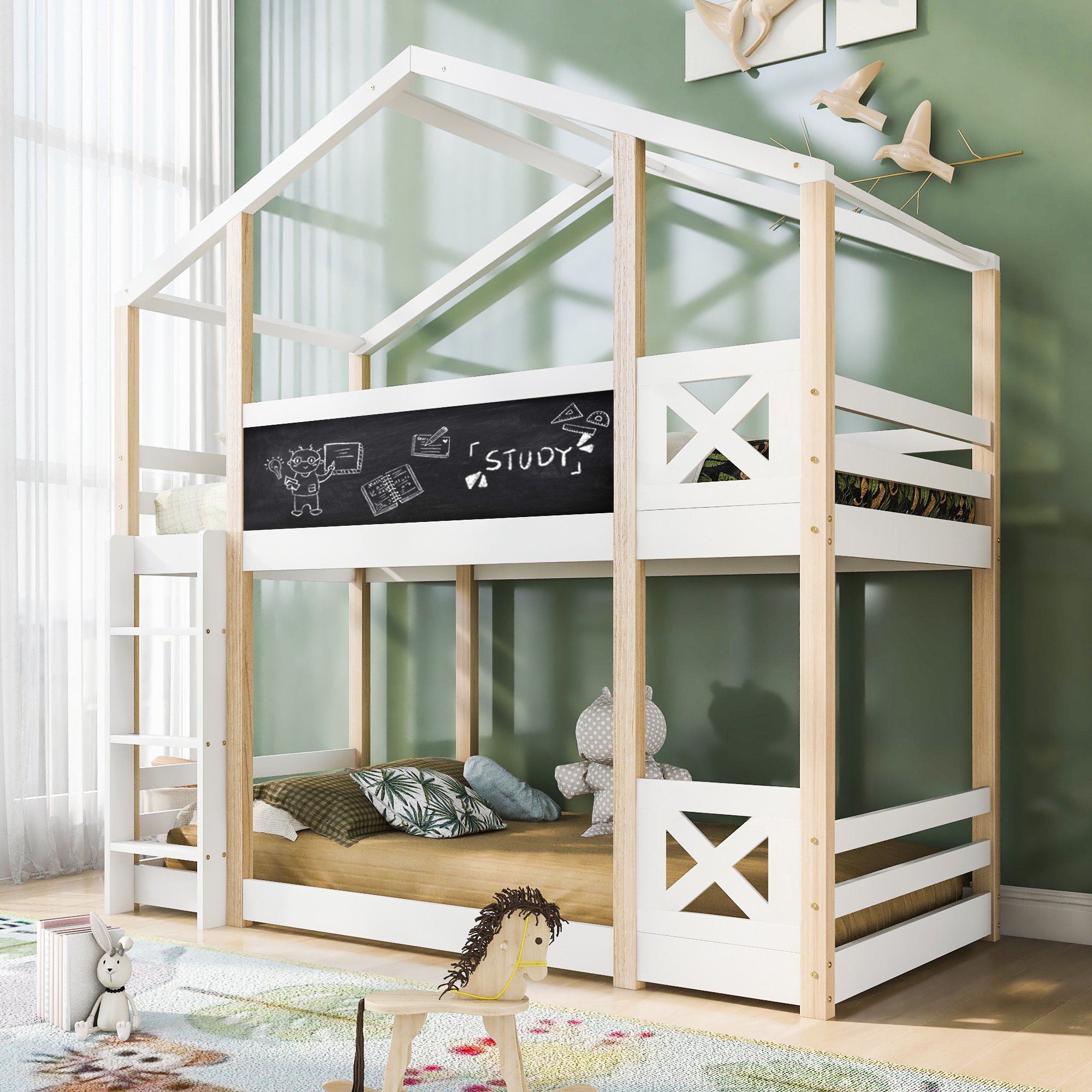 Lit mezzanine enfant avec échelle et barrière de sécurité, lit surélevé blanc en pin massif pour chambre d'enfant 6 ans+