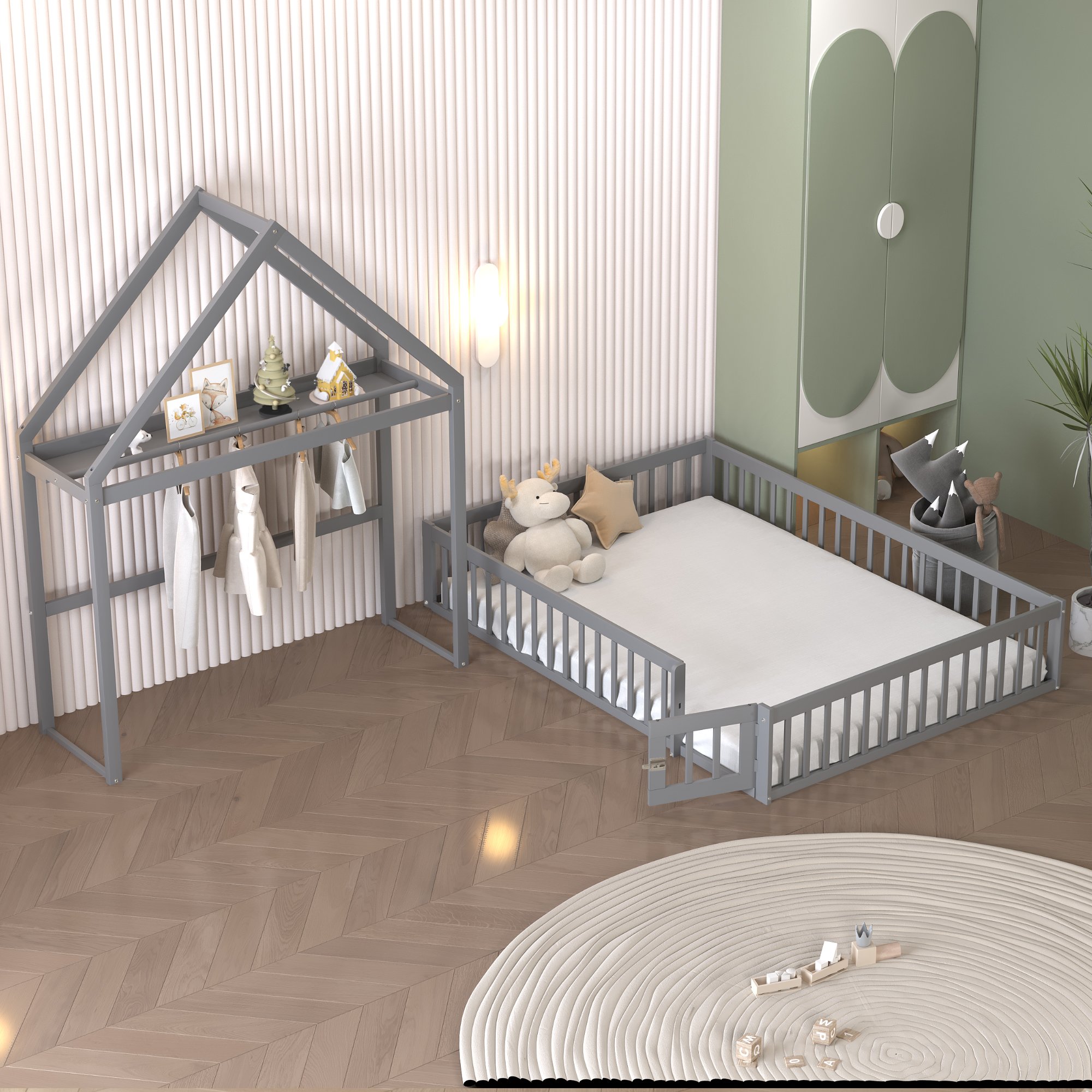 Lit enfant avec rangement, lit coffre 140x200 en bois massif, avec porte et barrière de sécurité, gris