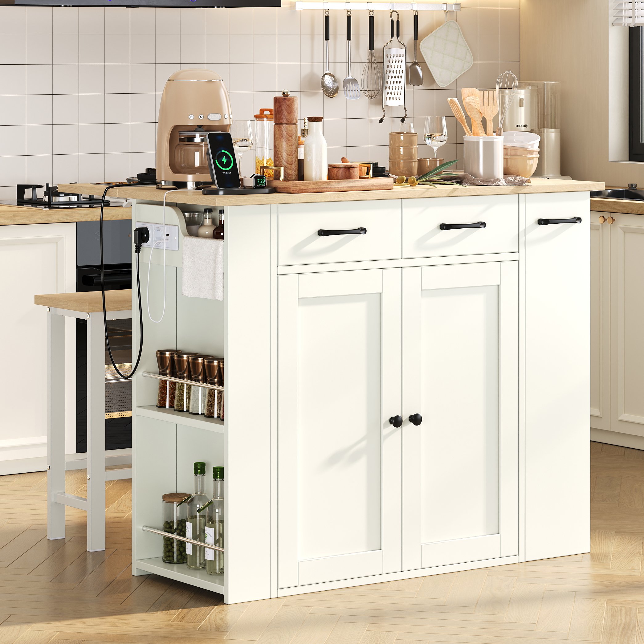 Îlot de cuisine 120x45-75 cm blanc, avec rangement, prises, 2 tabourets, plan rabattable, pour cuisine et salle à manger