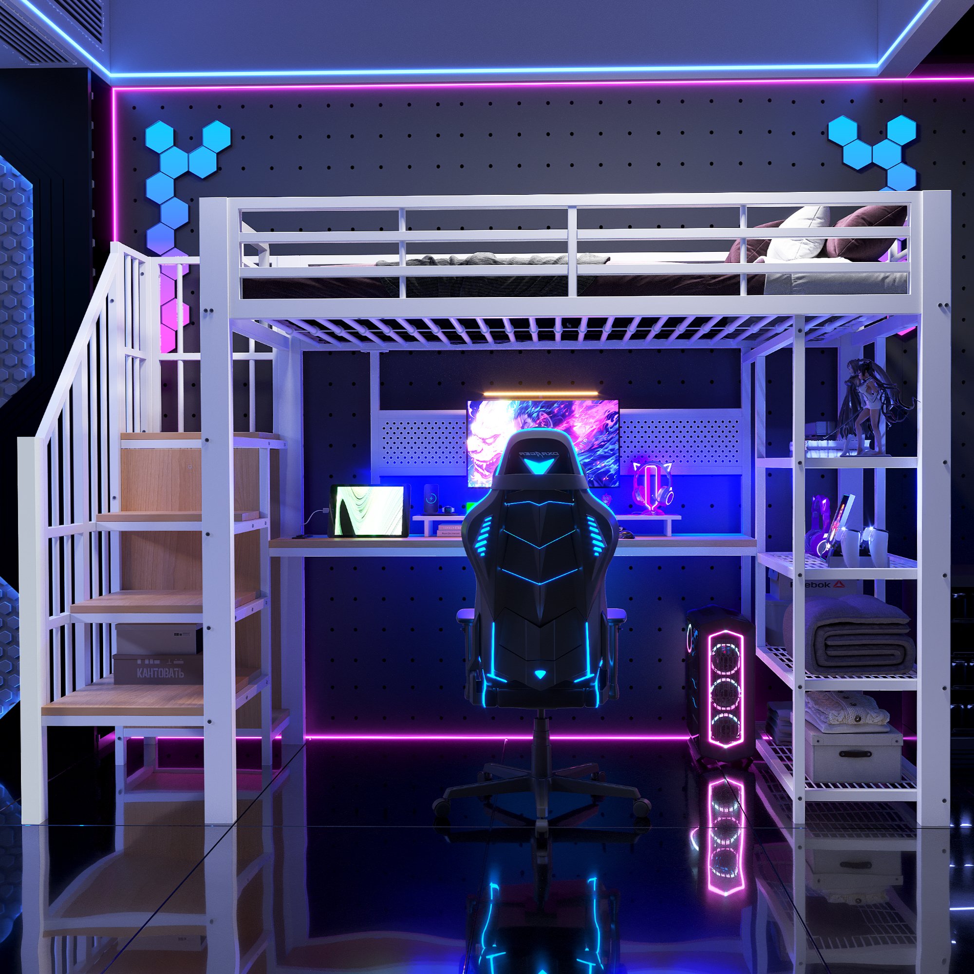 Lit mezzanine 90x200 avec bureau et rangements, métal blanc, LED et prises intégrées