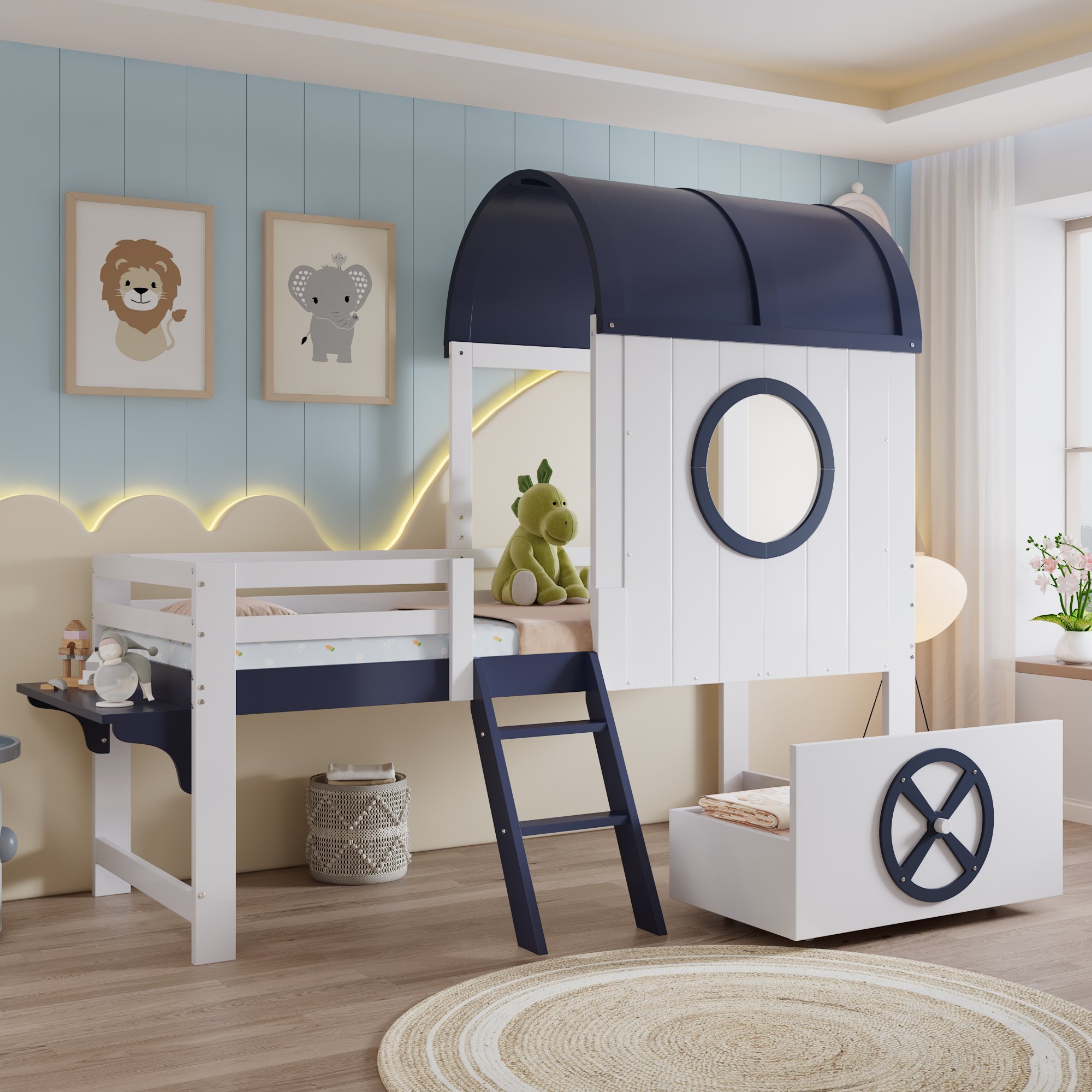 Lit superposé enfant 90x200 cm en bois blanc et bleu nuit avec tiroir et échelle inclinée
