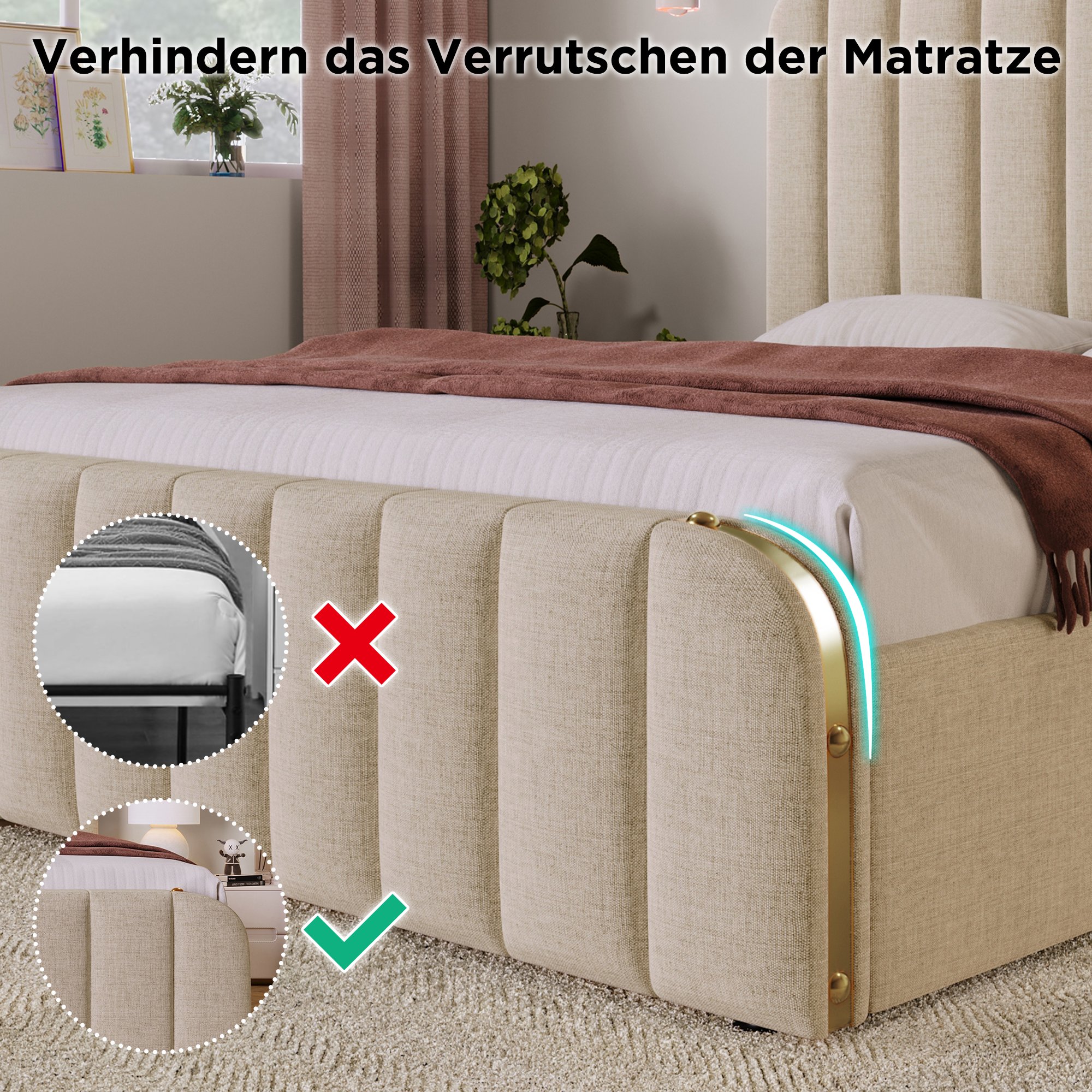 lit coffre double 140x200 beige en tissu lin avec 4 tiroirs, sommier à lattes, ports USB Type-C et tête de lit décorative