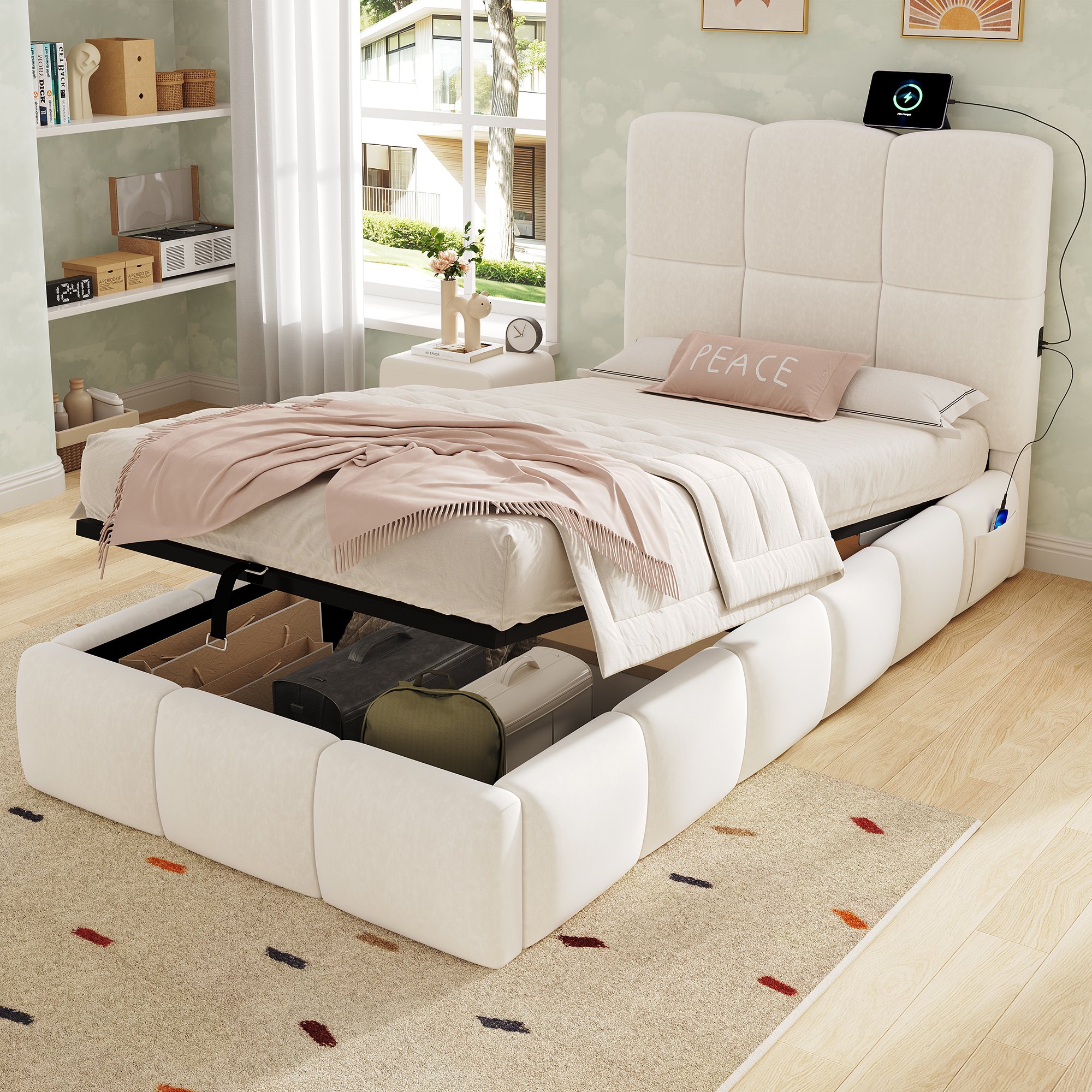Lit coffre simple 90x200 cm en velours beige, hauteur totale 99 cm, capacité 150 kg, avec sommier à lattes et port de charge USB