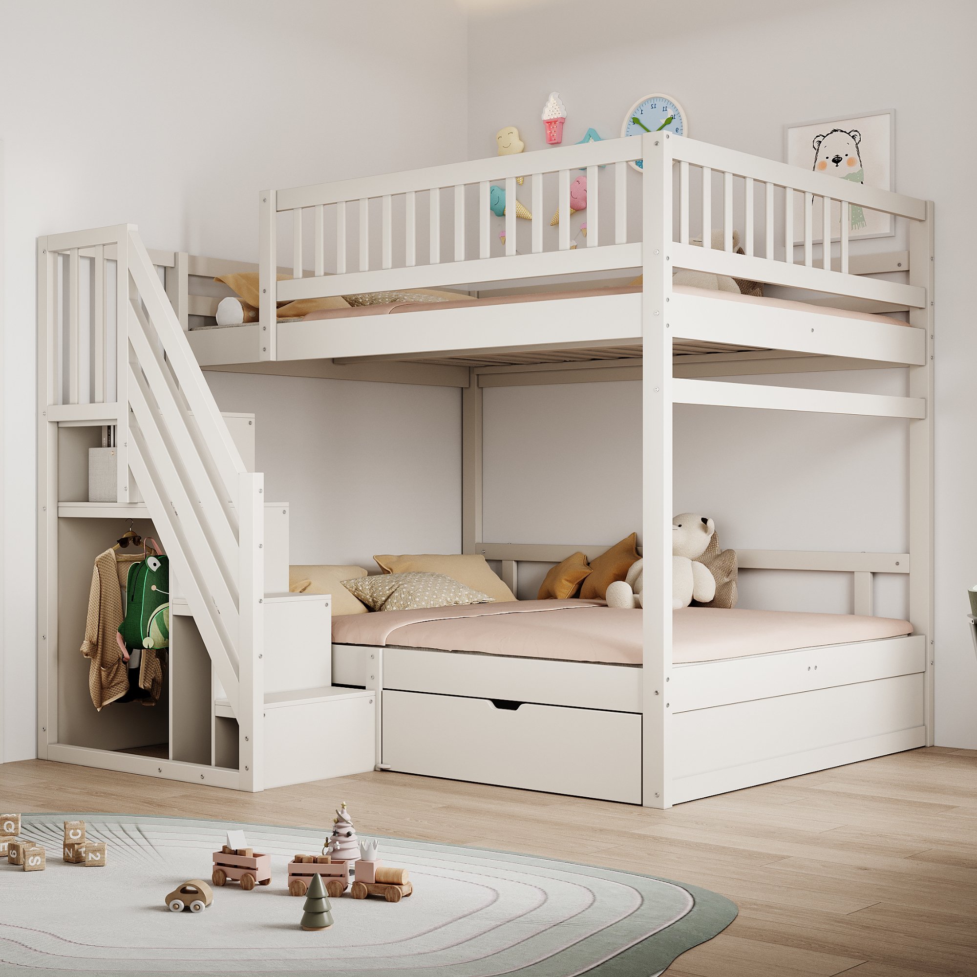 Lit superposé 140x200 avec rangement, échelle sécurisée et tiroirs, en bois massif blanc