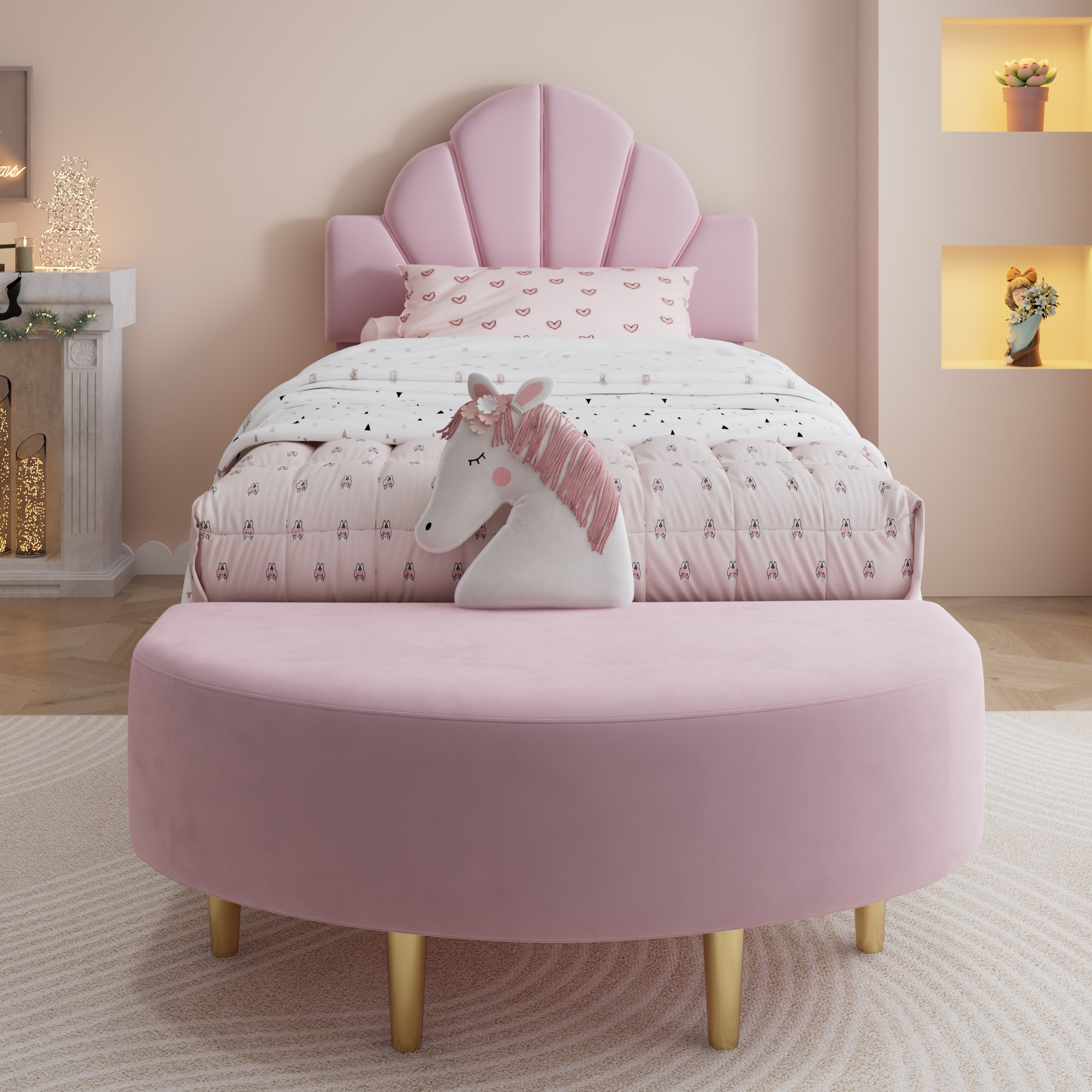 Lit capitonné 90x200 velours rose avec tête de lit et banc assorti