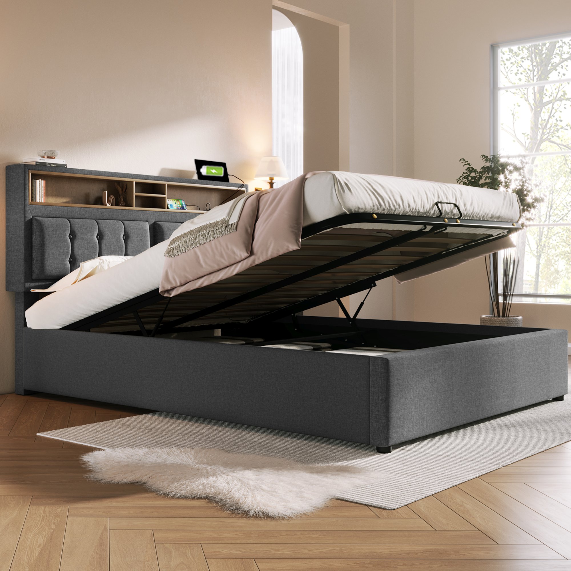 Lit coffre 160x200 gris avec sommier à lattes, rangement hydraulique et tête de lit rembourrée ajustable