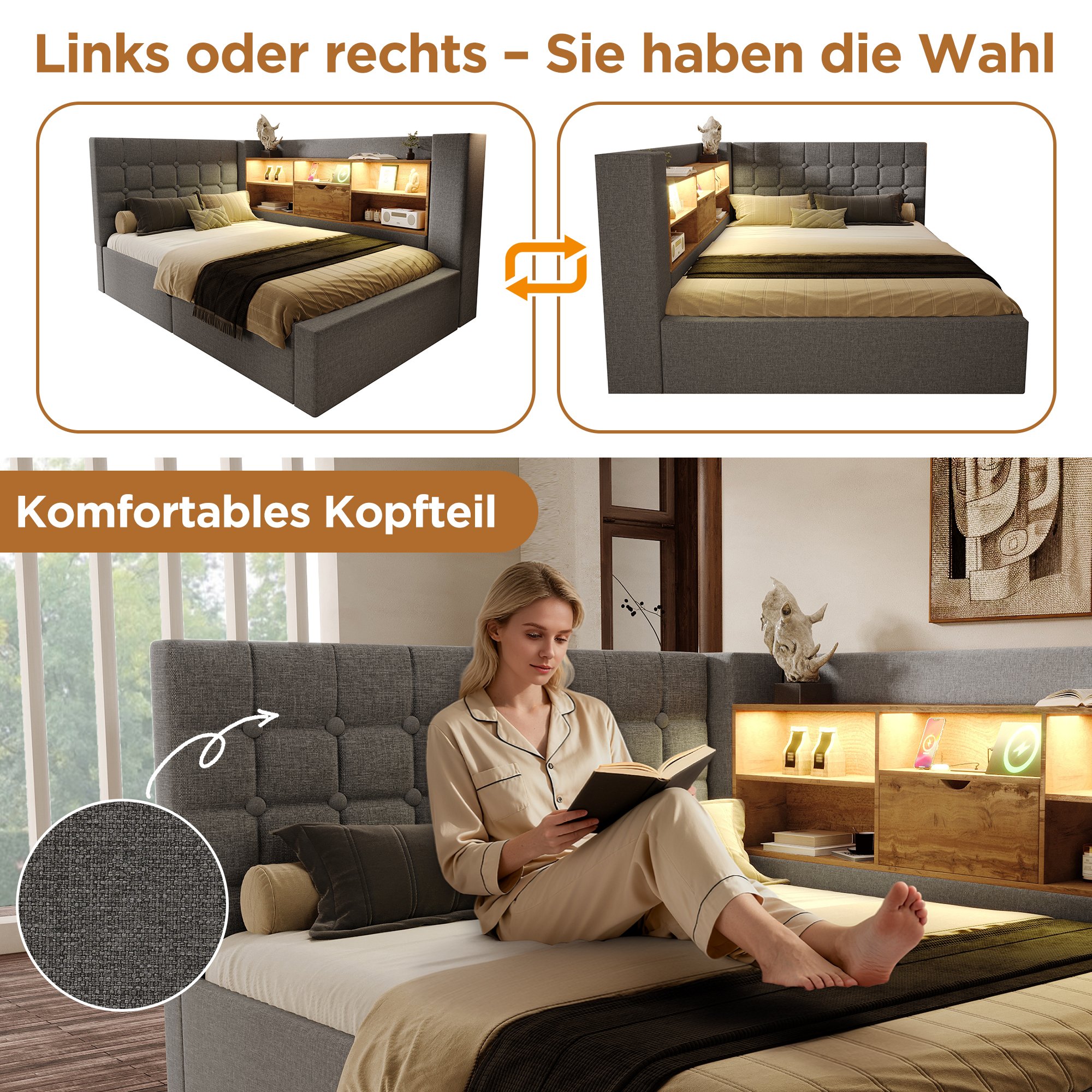 Lit LED 90x200 avec matelas, lit coffre 1 place gris avec rangement hydraulique, USB et tête de lit rembourrée