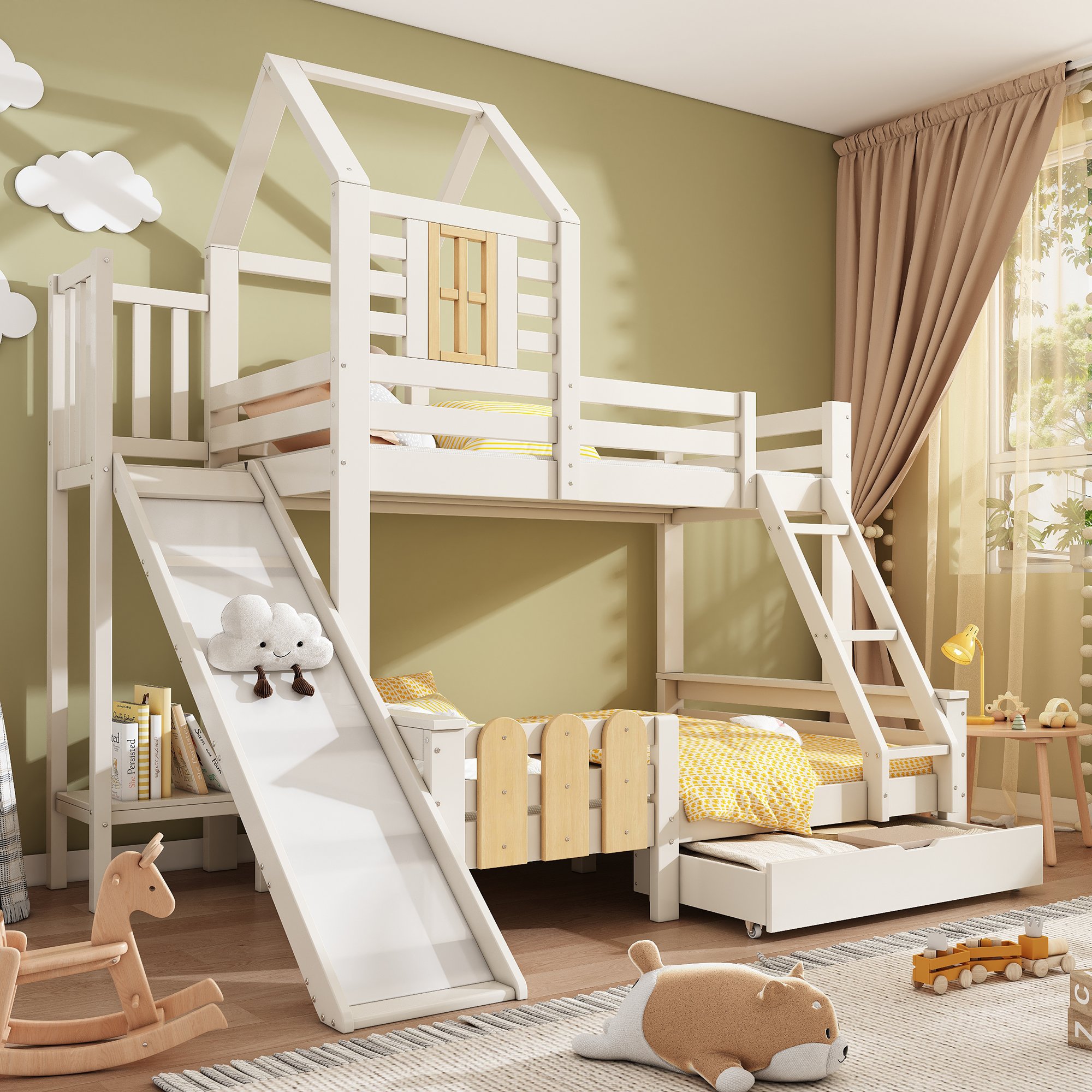Lit Superposé 90x200 cm et 140x200, lit superpose avec toboggan et échelle, lit enfant cabane avec tiroir blanc bois Panneau composite de fibres de bois à densité