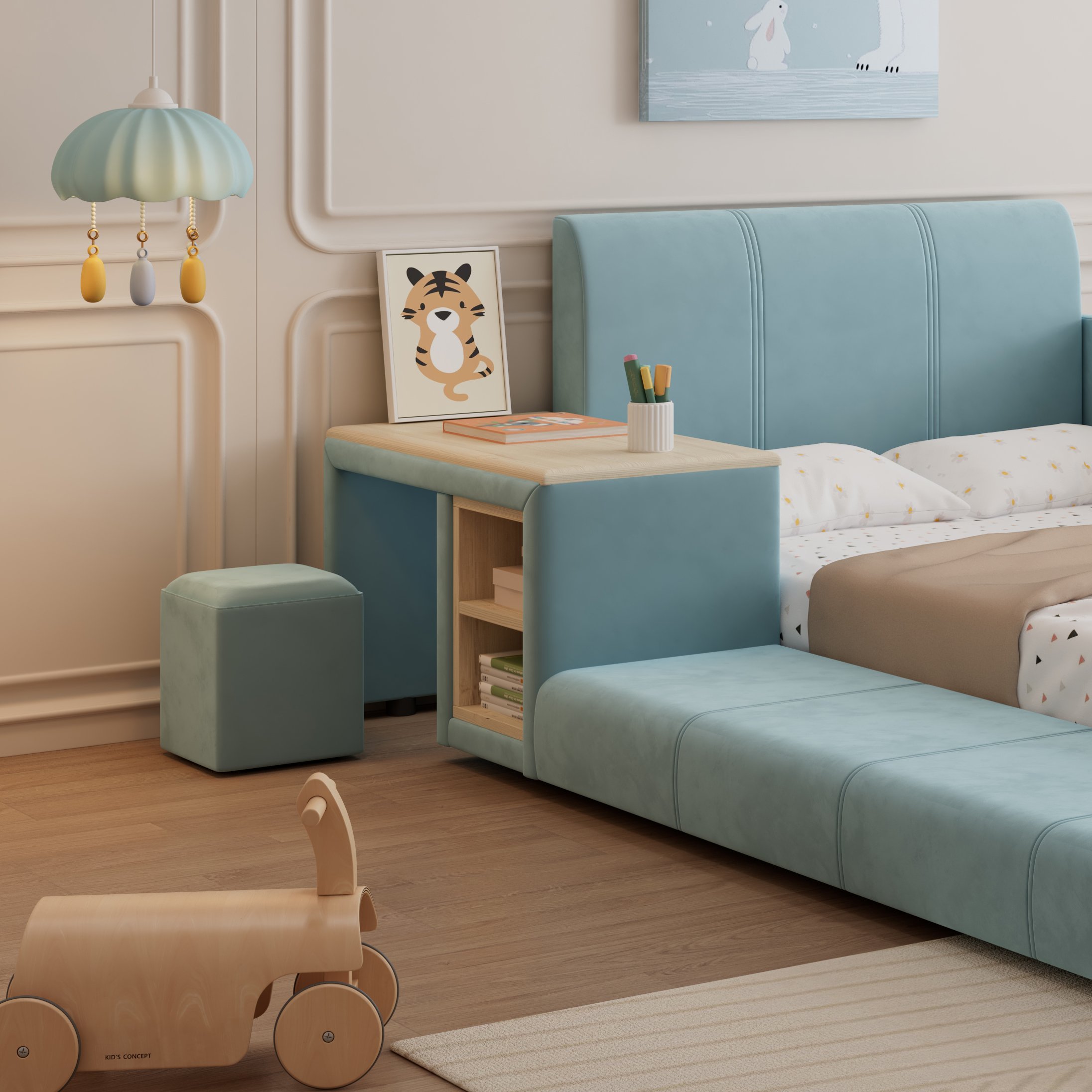 Lit enfant avec bureau et rangement, 90x200 cm, velours bleu, avec tête de lit rembourrée et sommier à lattes