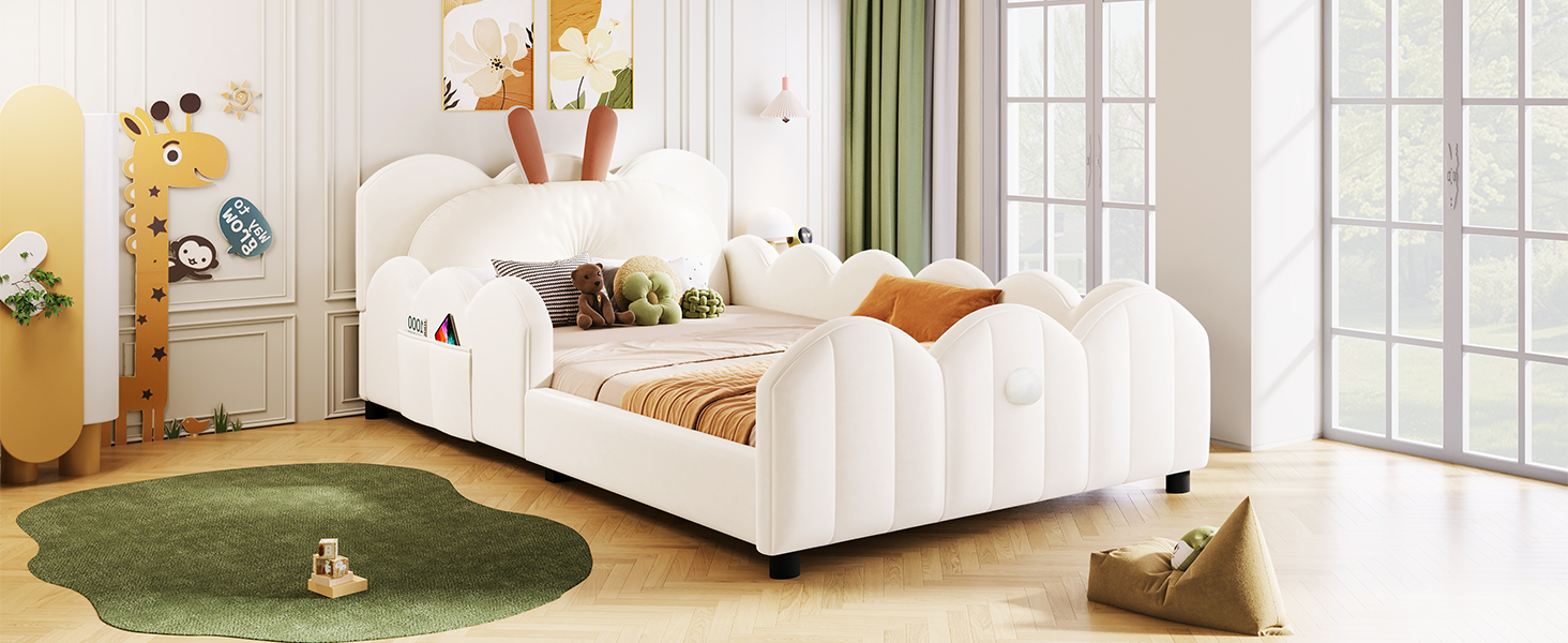 Lit plateforme rembourré avec barrières de sécurité et tête de lit lapin, 90x200 beige