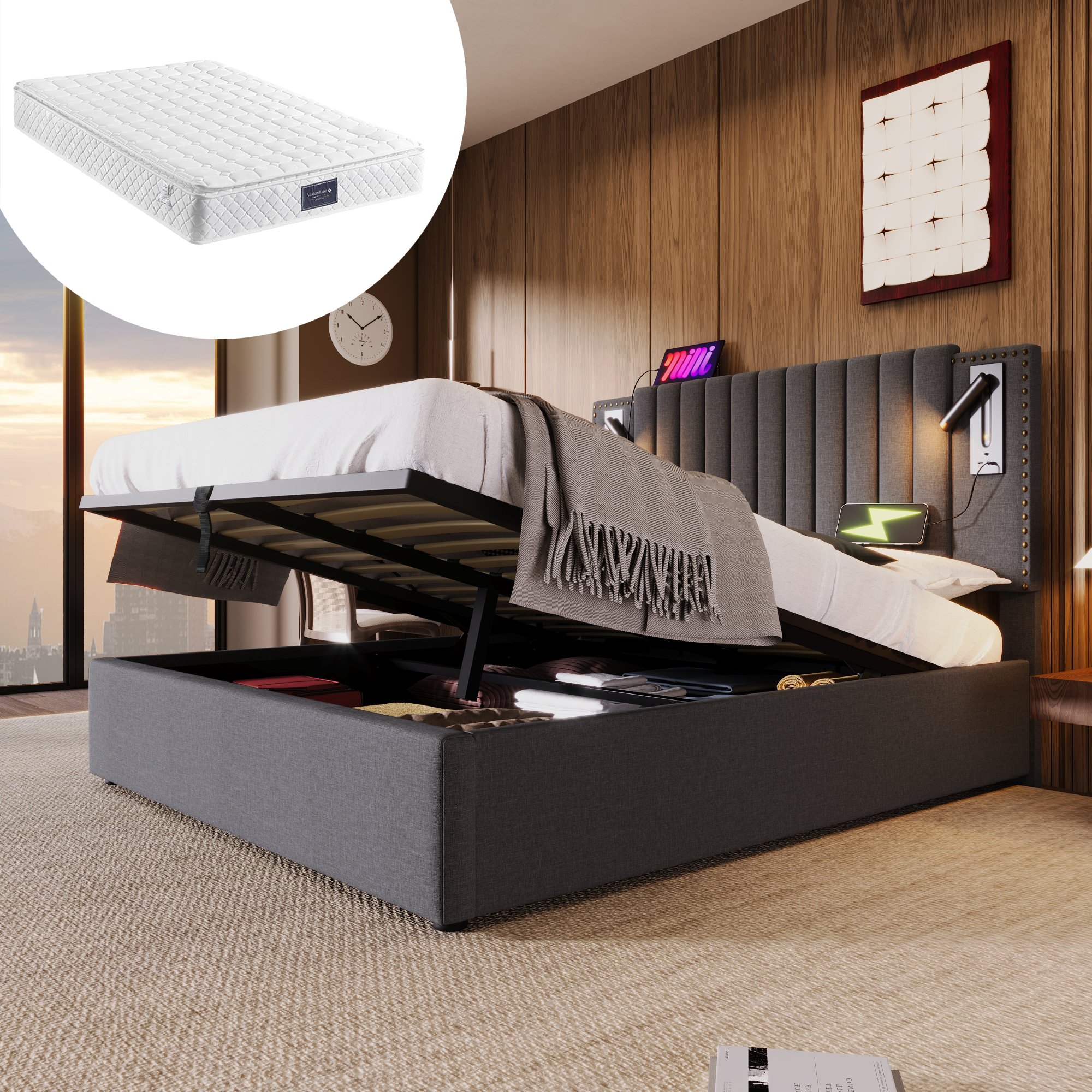 Lit coffre 140x200 gris avec LED et USB, tête de lit ajustable, rangement sous matelas