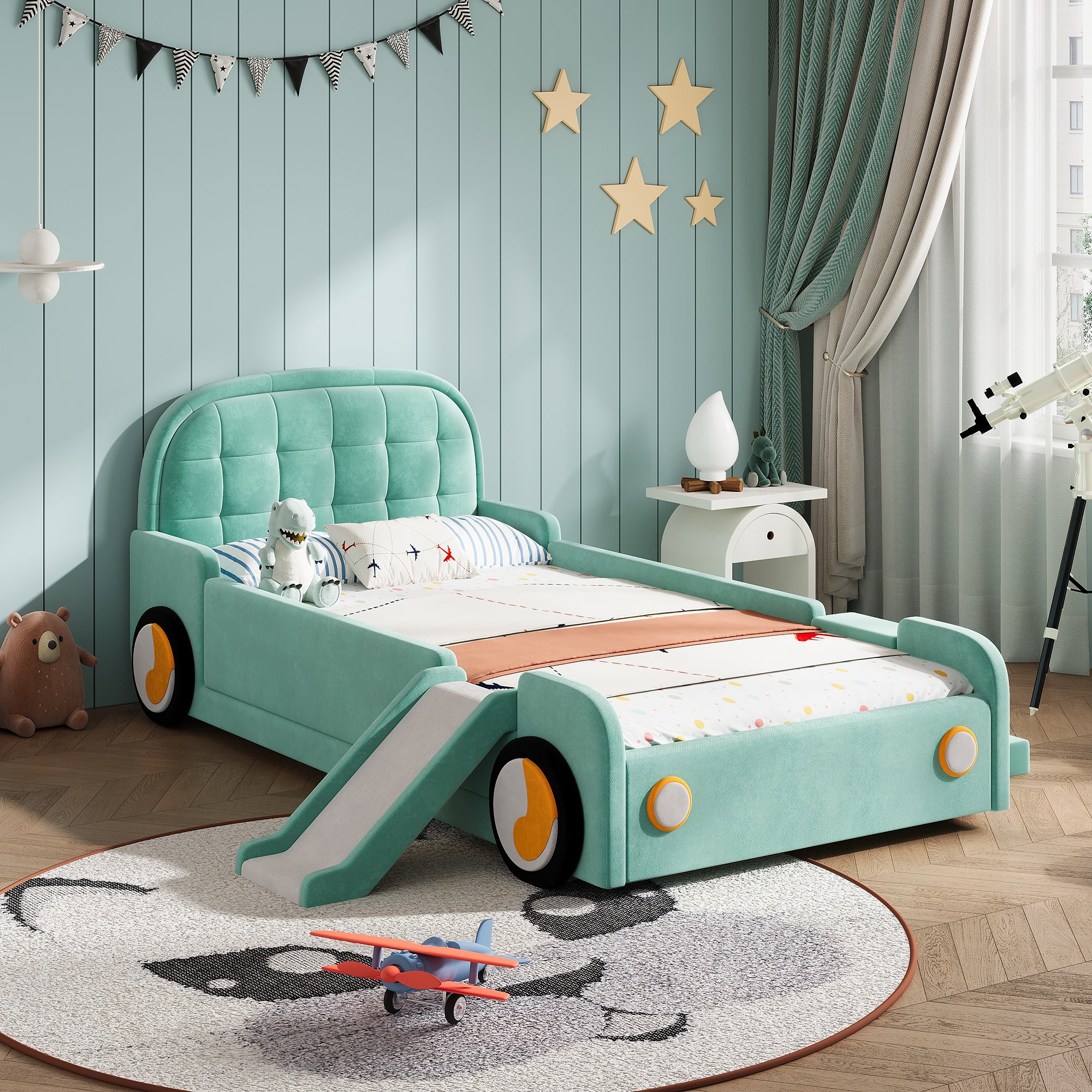 Lit enfant rembourré en velours bleu-vert, structure en contreplaqué, avec toboggan et escalier, 90x200