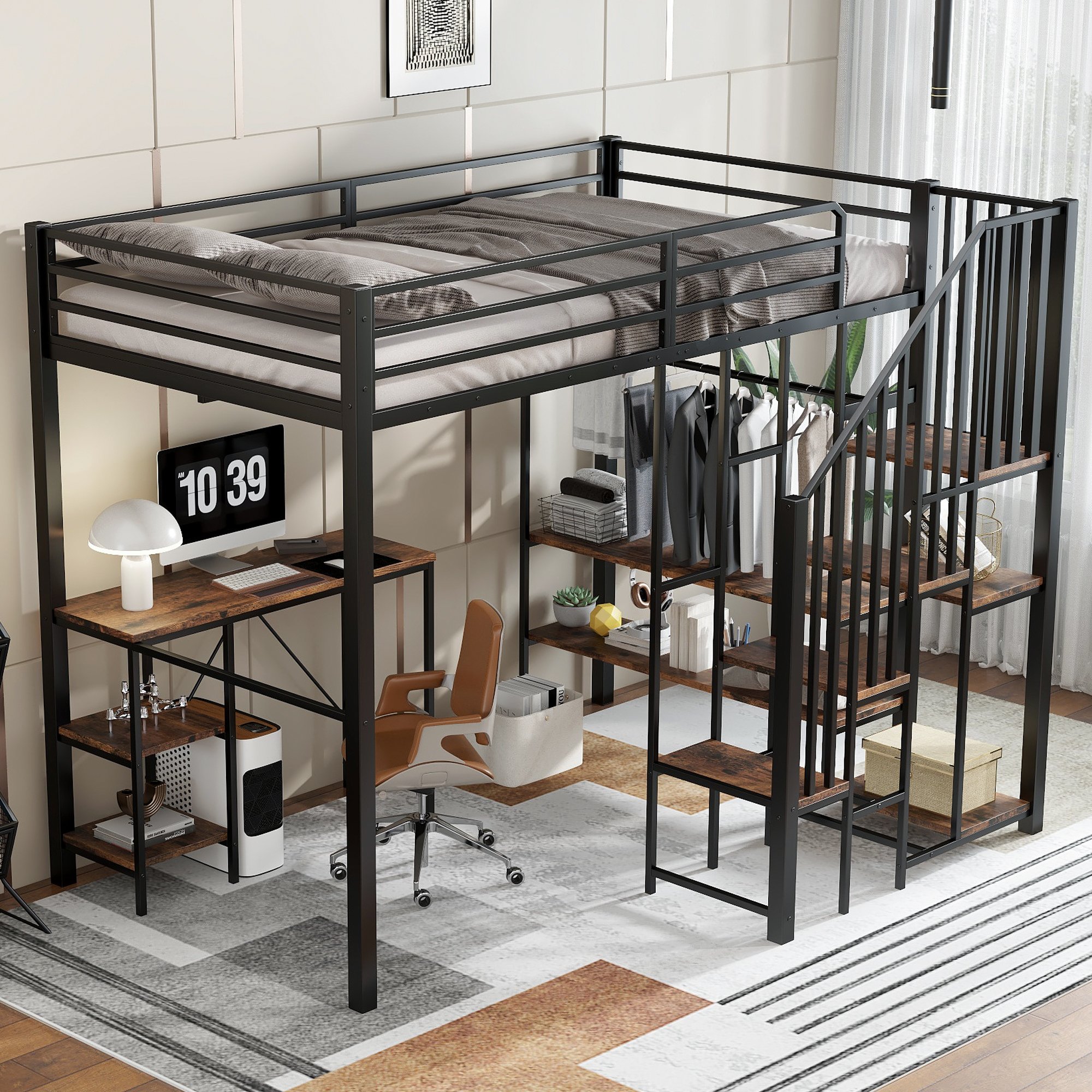 Lit superposé enfant 120x200 avec rangement, bureau et penderie, échelle d'angle, certifié EN747