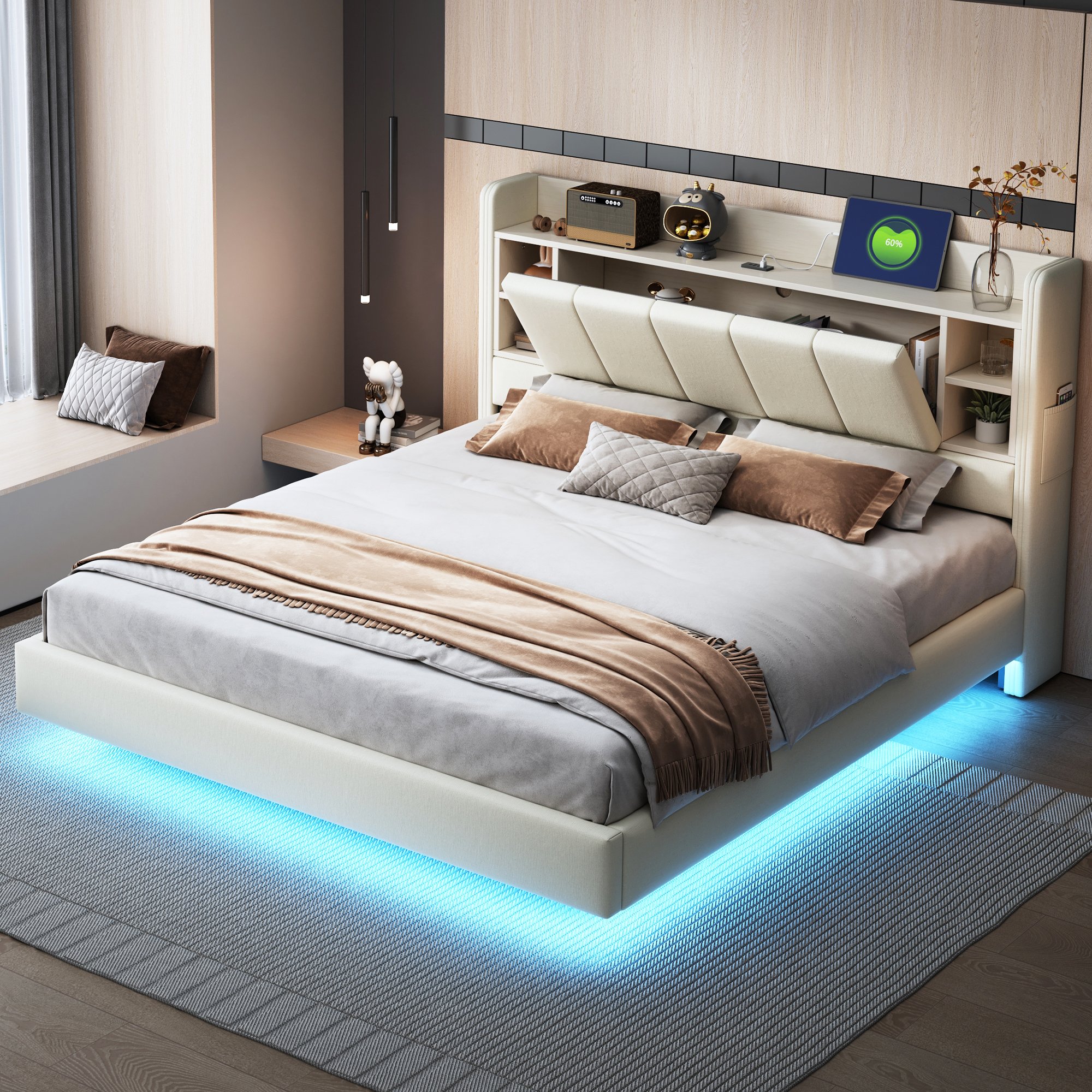Lit coffre en lin beige, structure métallique, 160x200, avec LED et rangement