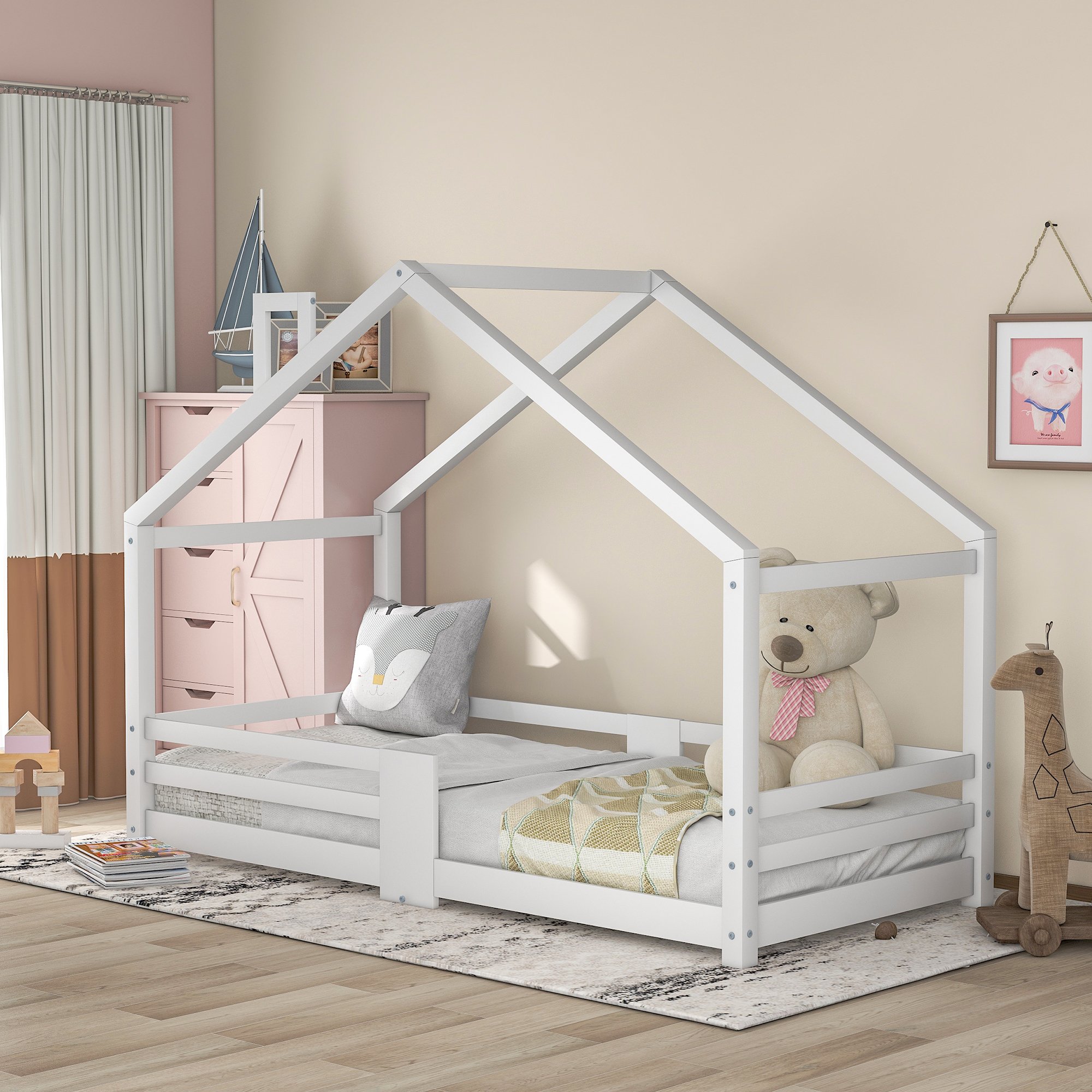 Lit cabane enfant 90x200 blanc, lit maison bois pin massif avec sommier lattes et barreaux sécurité pour chambre