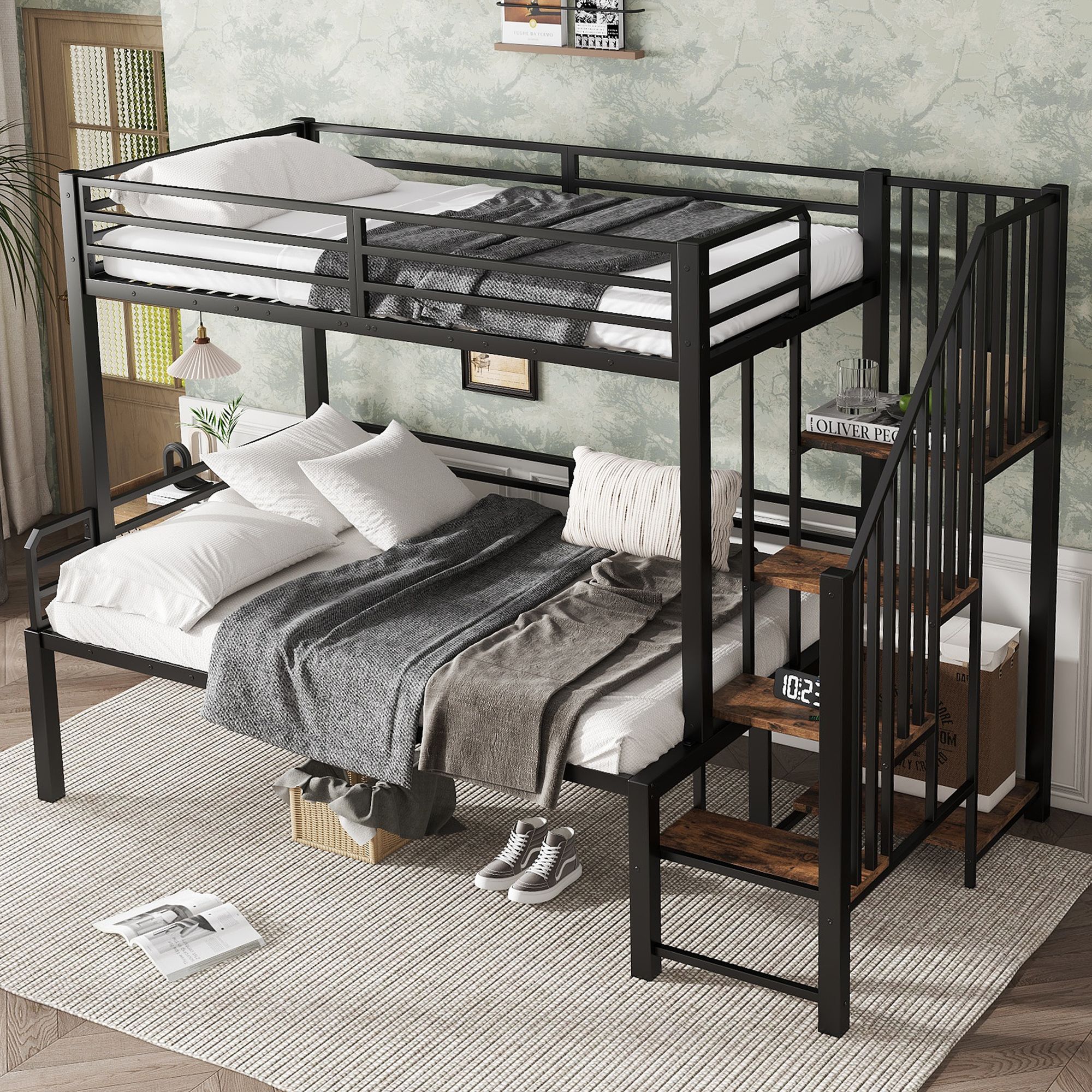 Lit superposé 90x200 avec échelle d'angle et rangement, pour enfants et adolescents, noir et bois vieilli