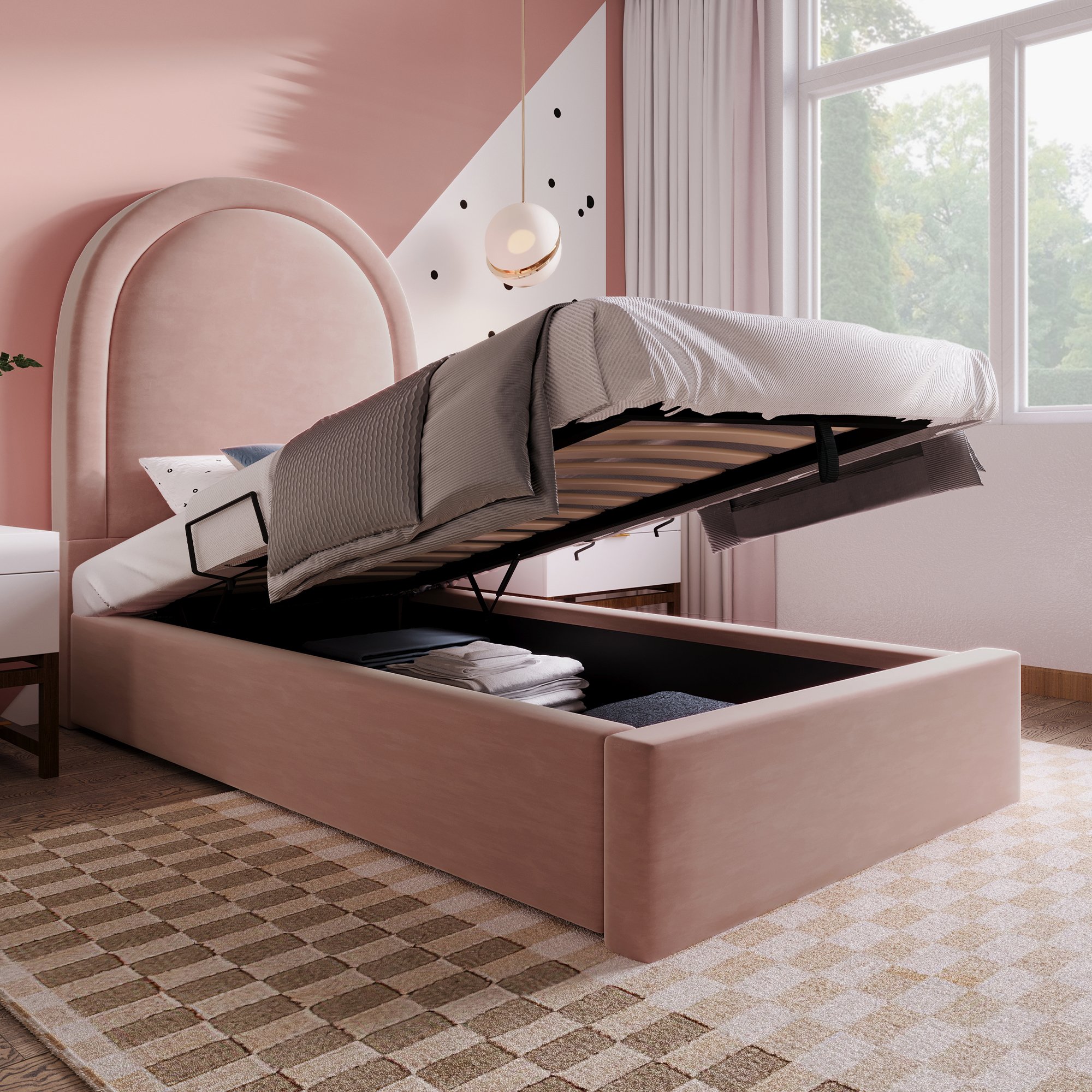 lit coffre simple 90x200 en velours rose avec rangement hydraulique, sommier à lattes et protection anti-poussière