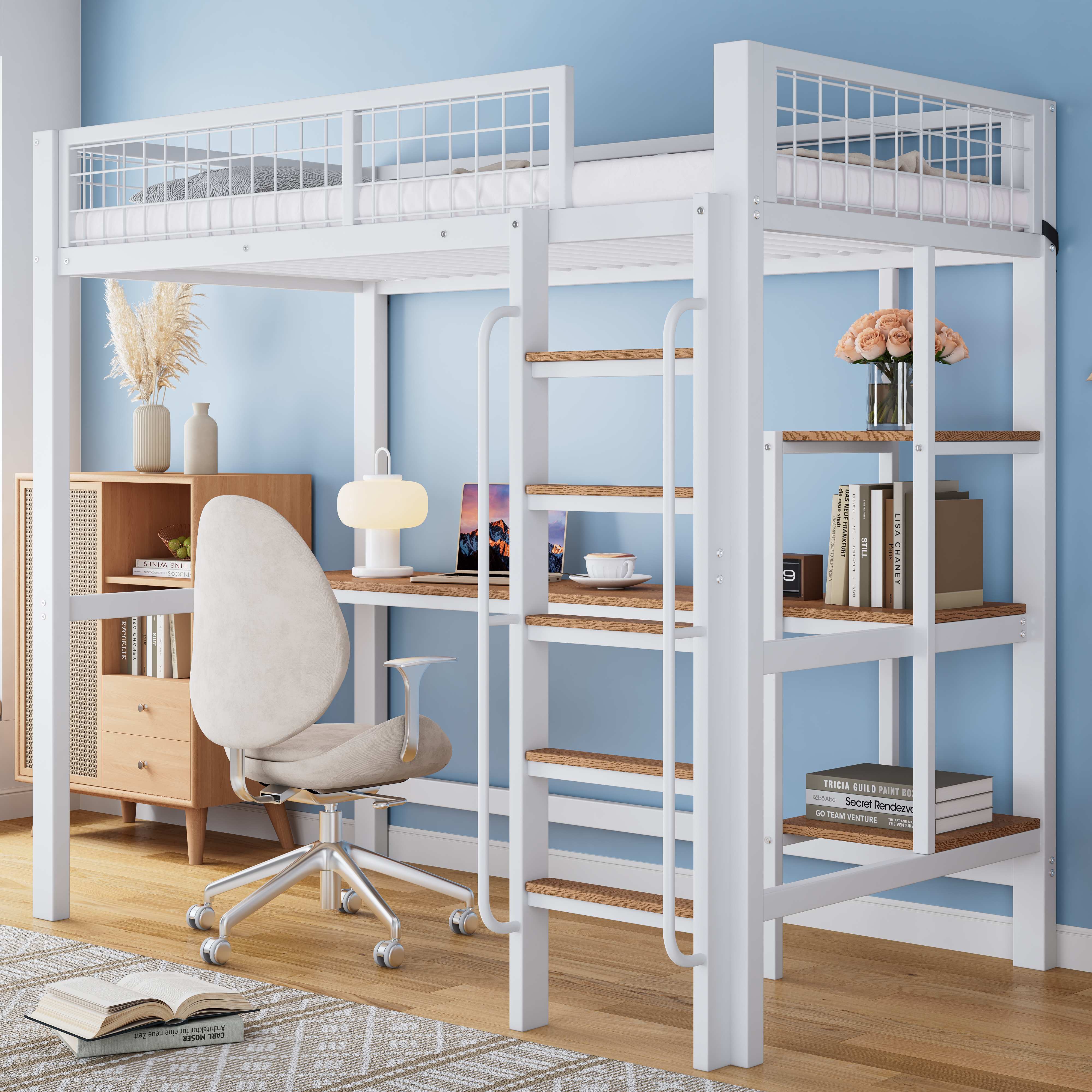 Lit superposé 90x200 avec bureau et rangements, échelle à 5 marches, blanc et naturel, pour enfant