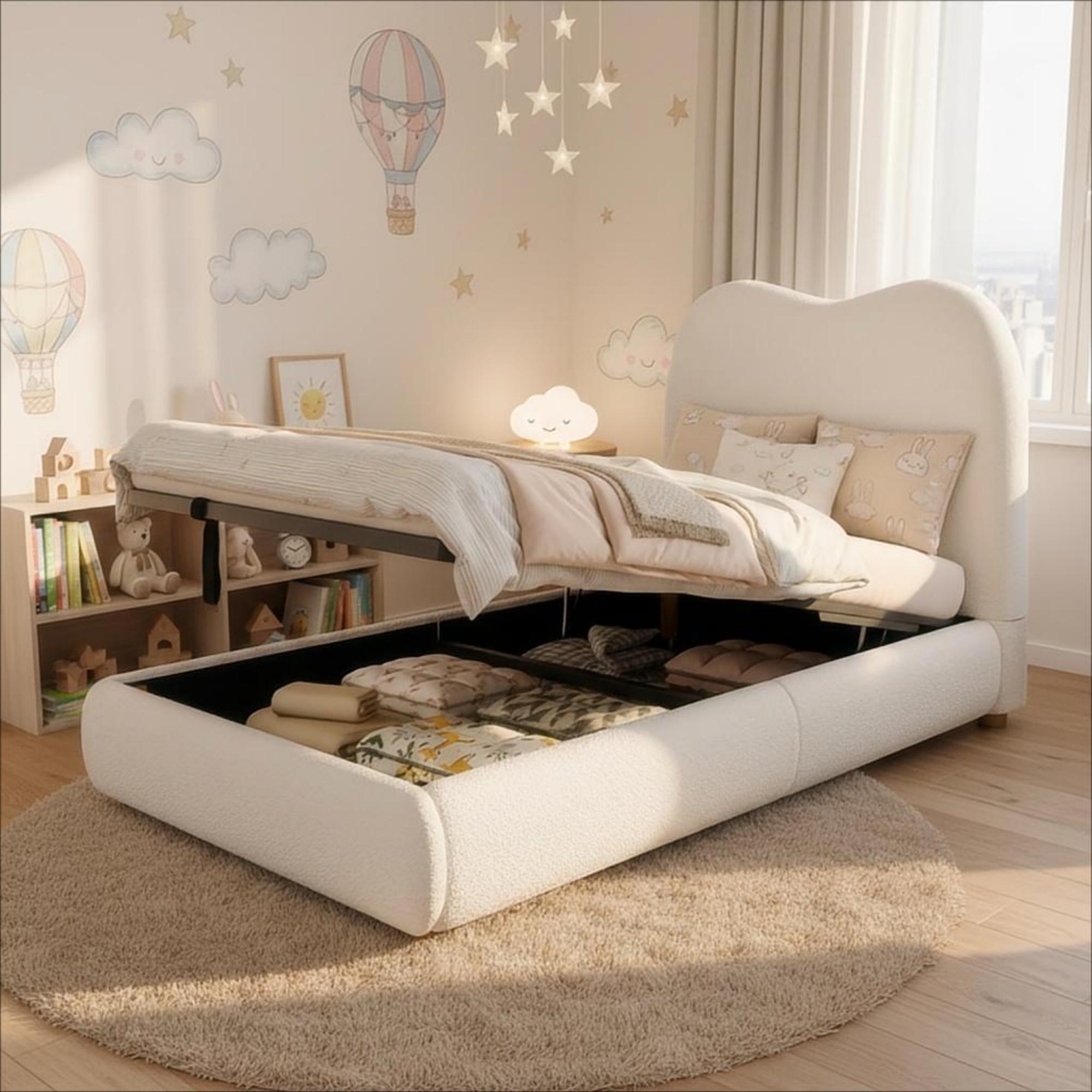 Lit coffre 90x200 cm beige en tissu bouclé avec sommier à lattes et grand rangement hydraulique pour lit enfant simple