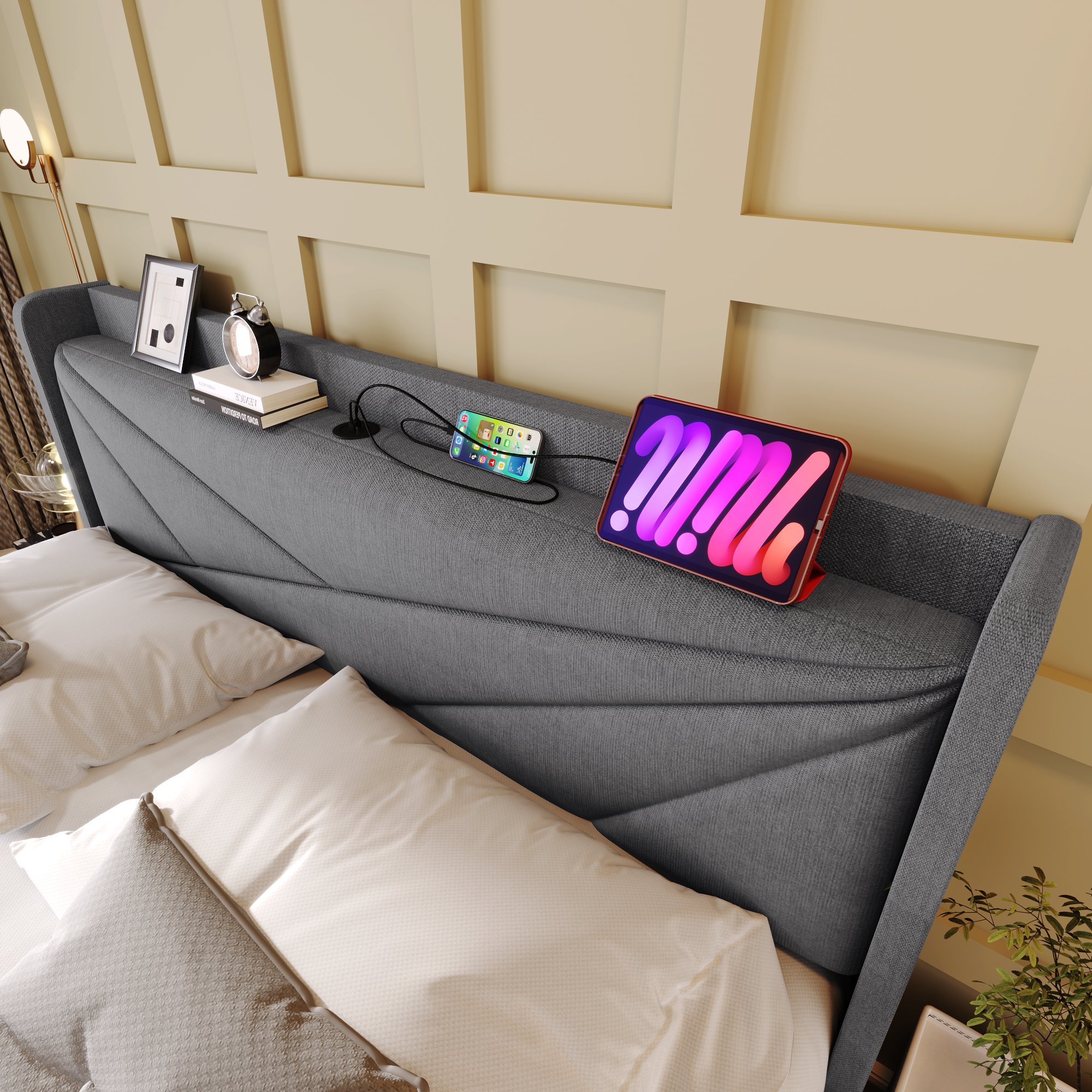 lit coffre double 140x200 gris avec tête de lit rembourrée en lin, rangement sous le couchage et ports USB Type-C intégrés