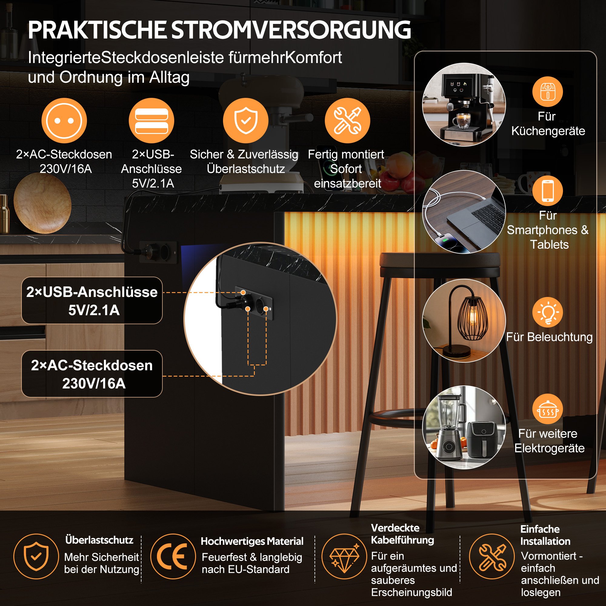 Îlot de cuisine avec éclairage LED, prises intégrées et ports USB, plan de travail 40 mm, rangement, 155x80x90 cm