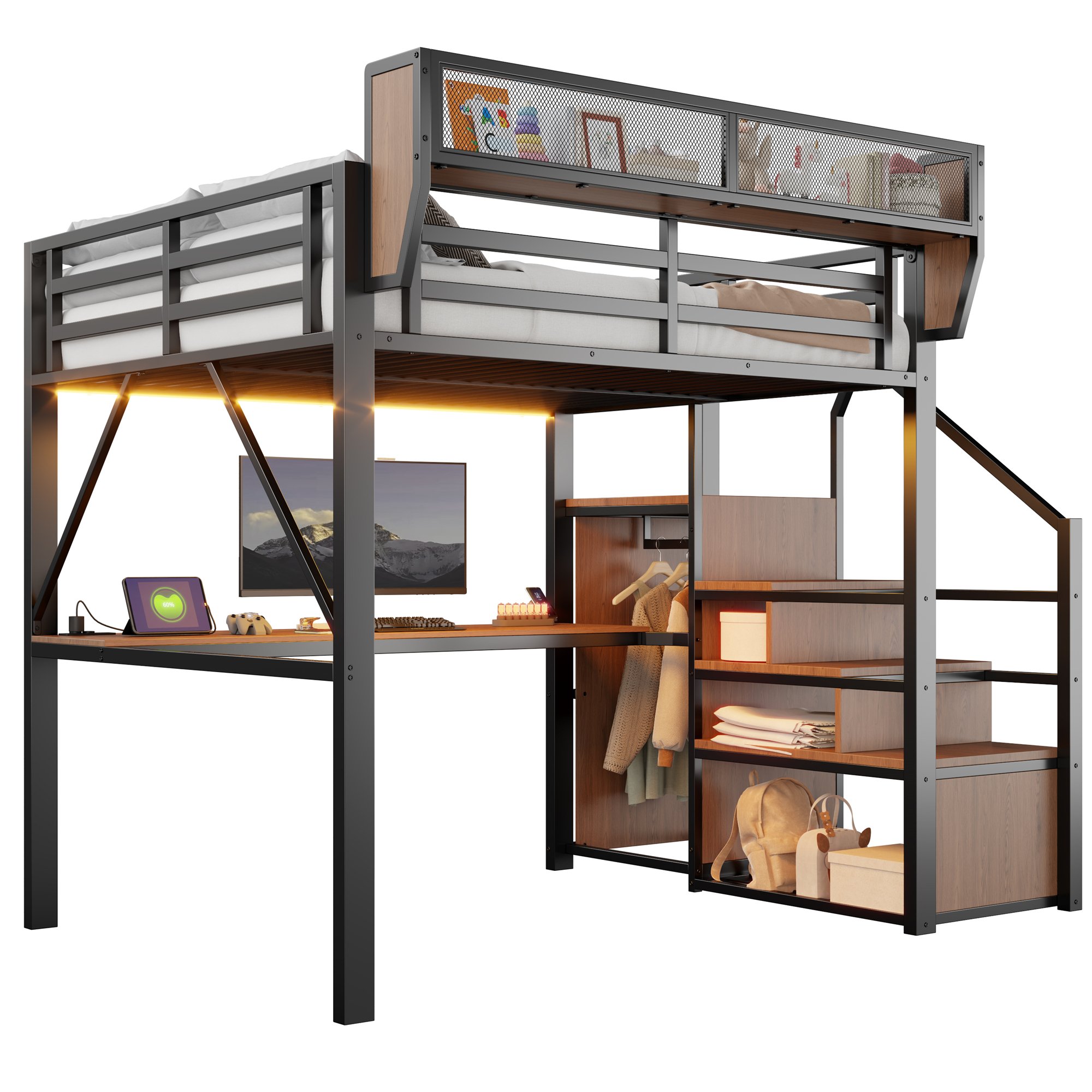 Lit mezzanine 140x200 cm avec bureau, rangement et LED, échelle de sécurité, métal noir
