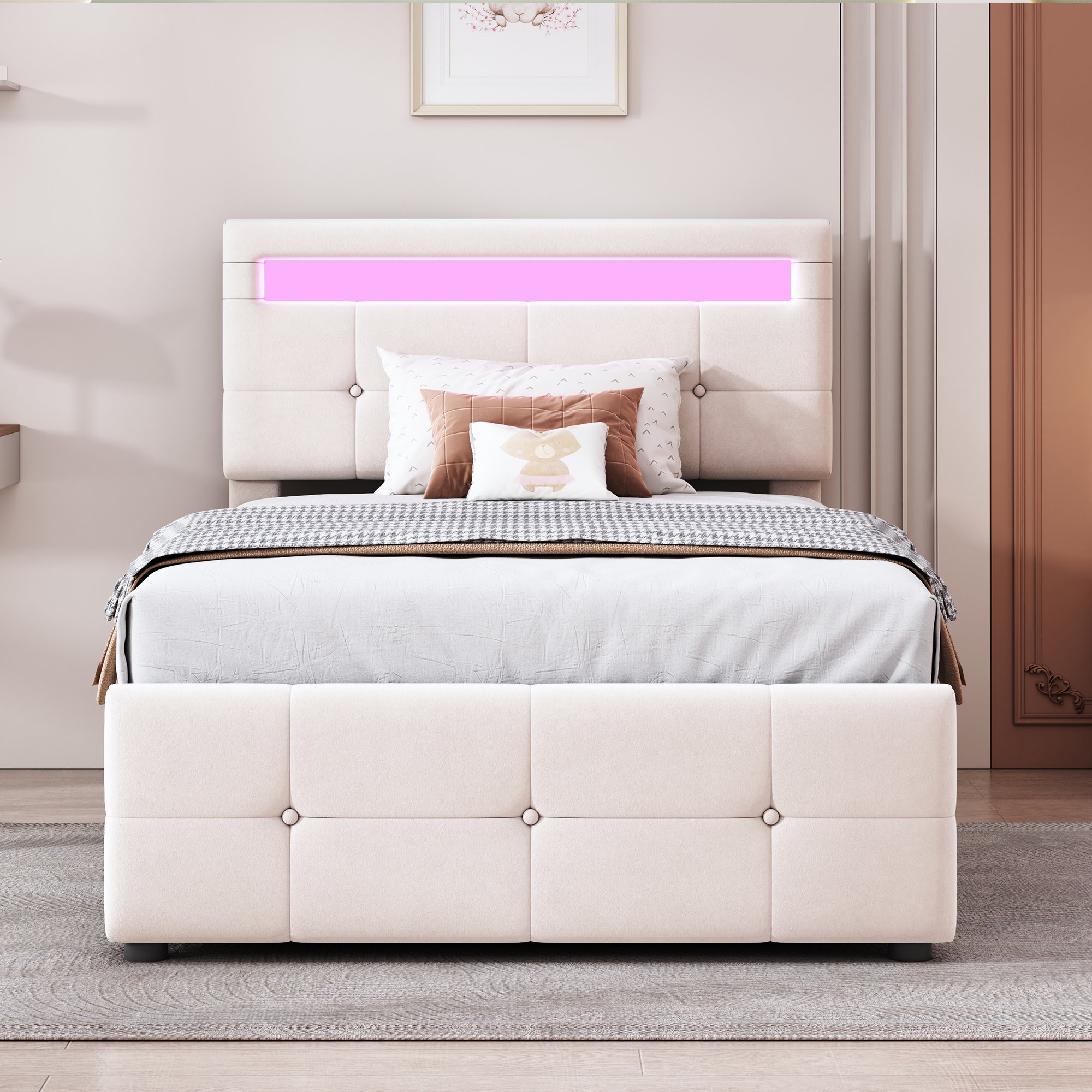 Lit coffre en velours beige, structure Panneau composite de fibres de bois à densité et métal, 90x200 cm, avec rangement hydraulique et LED