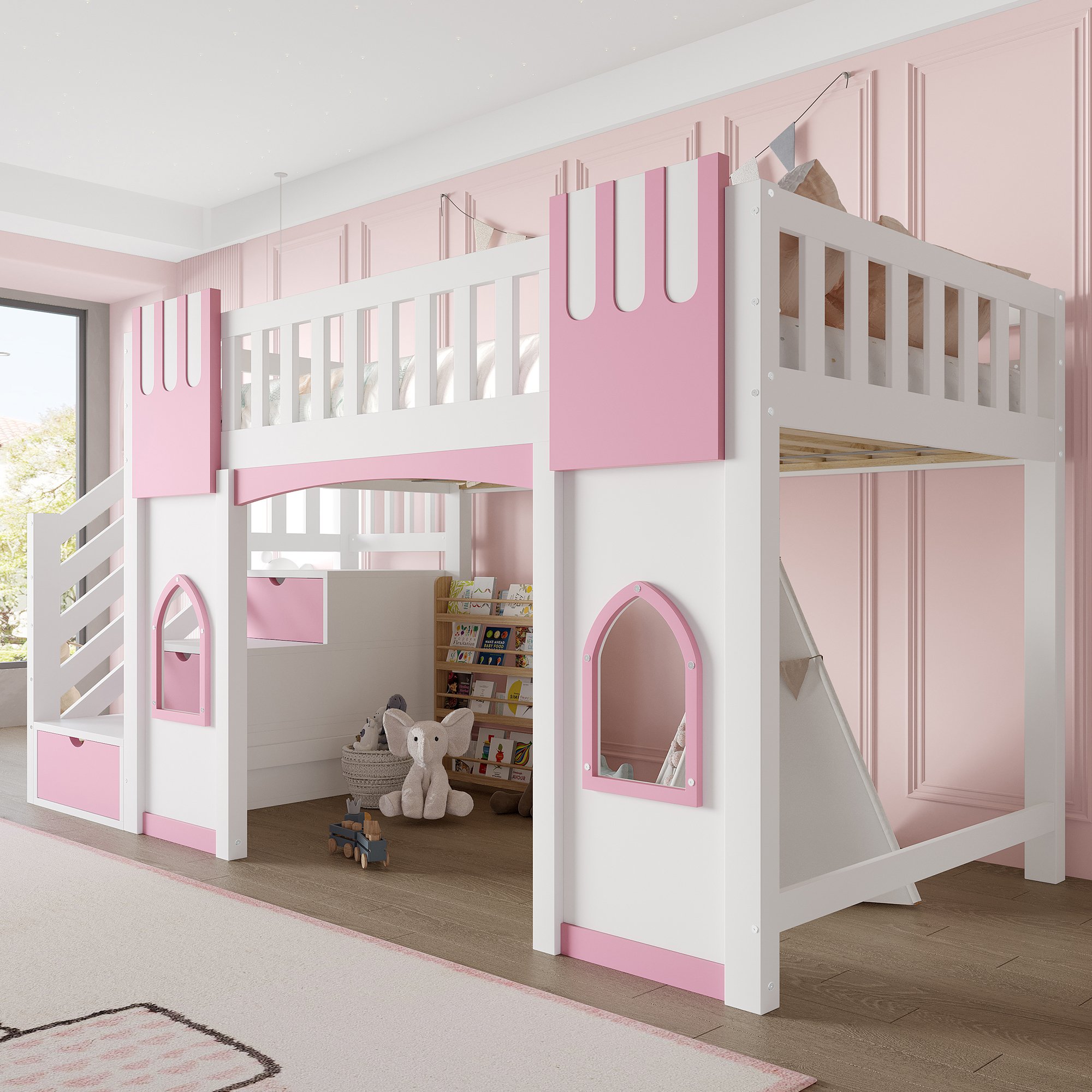 Lit mezzanine 90x200 blanc et rose avec escalier rangement et fenêtres, en pin et Panneau composite de fibres de bois à densité