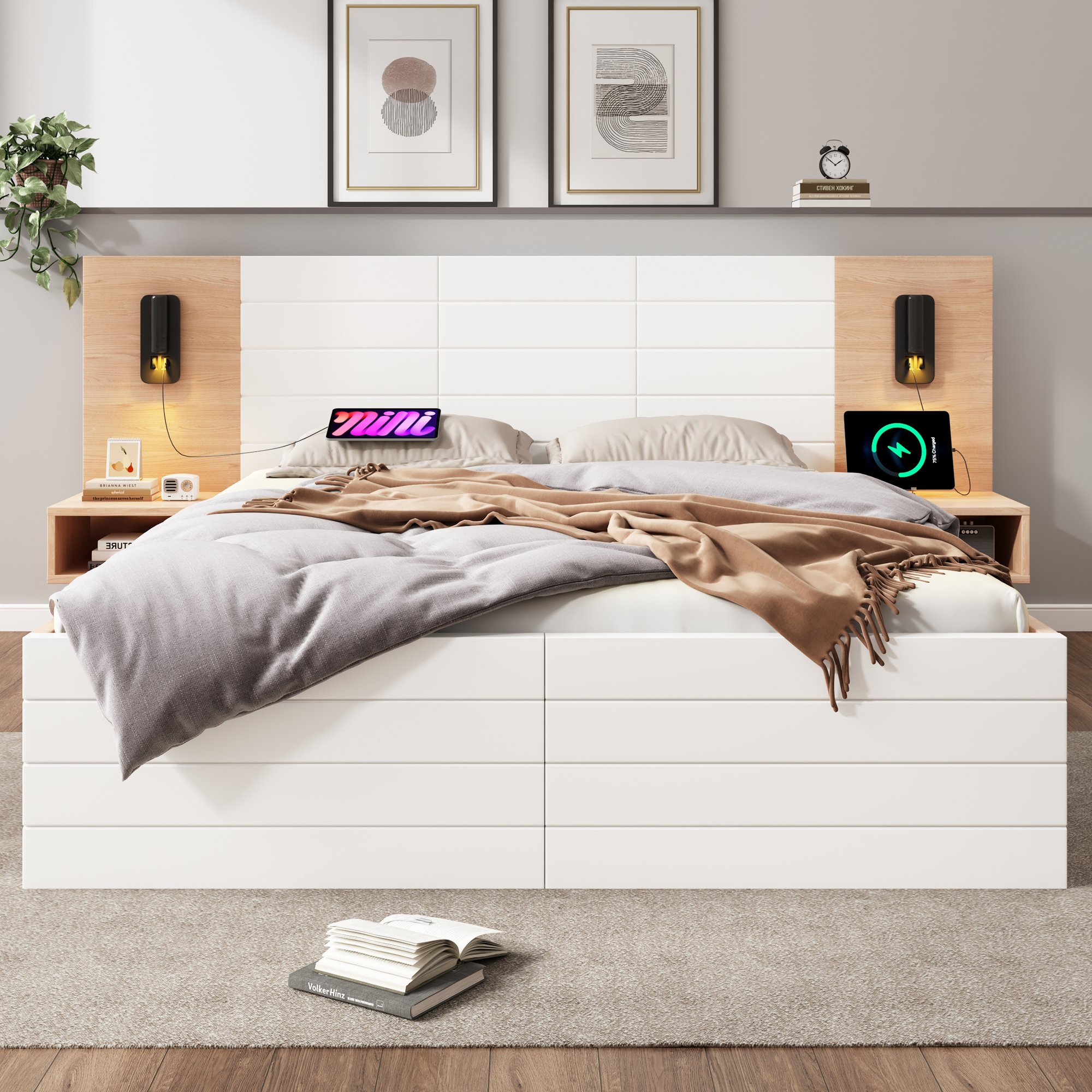 Lit coffre 140x200 en bois massif et Panneau composite de fibres de bois à densité blanc, structure robuste avec tiroirs et matelas