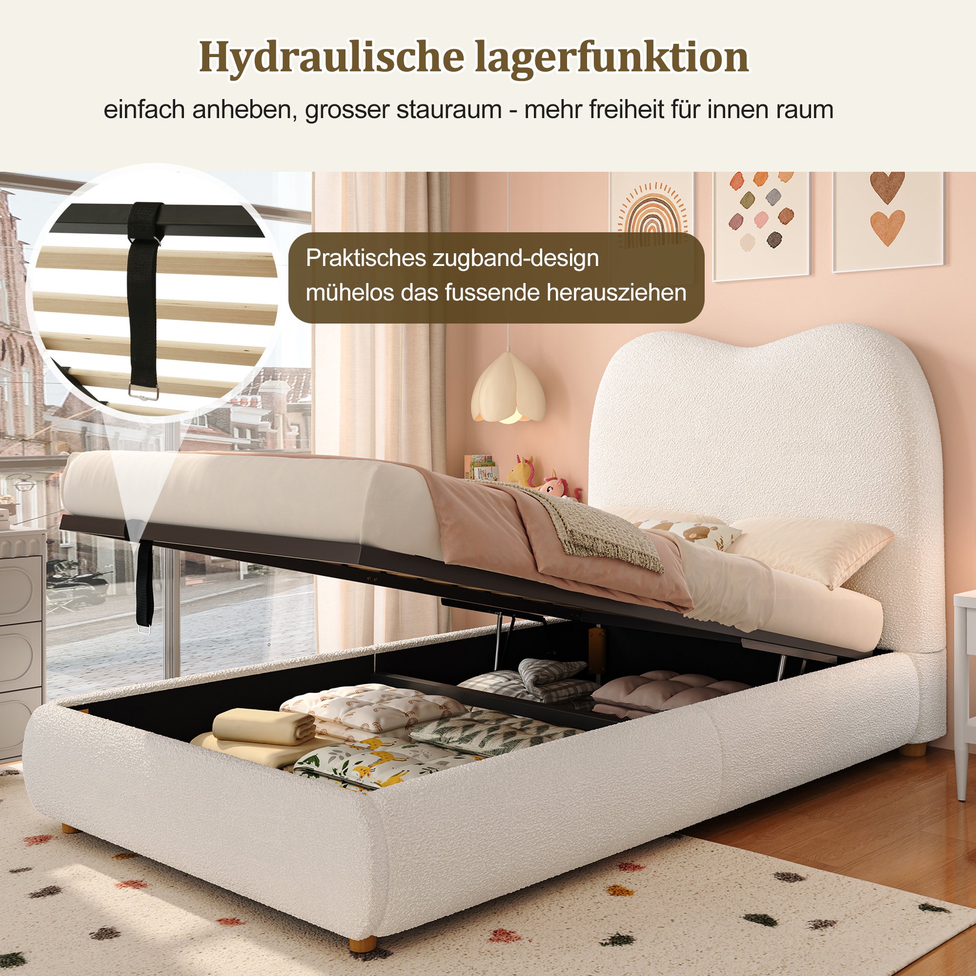 Lit coffre 90x200 cm beige en tissu bouclé avec sommier à lattes et grand rangement hydraulique pour lit enfant simple