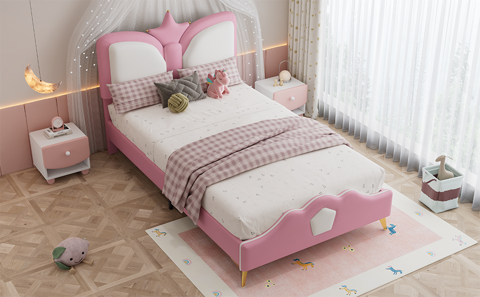 Lit enfant 90x200 rose et blanc avec tête de lit couronne, bords en mousse et cadre stable