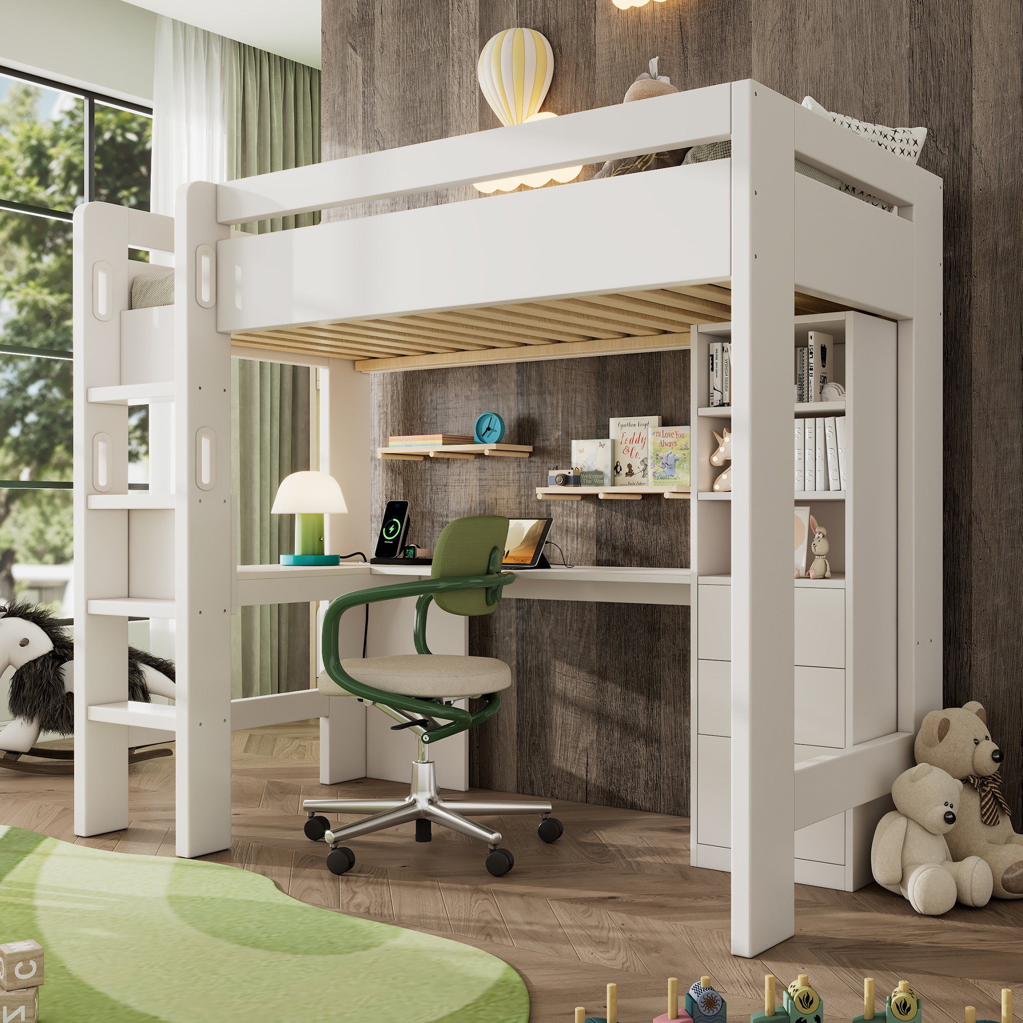Lit mezzanine 90x200 avec bureau en L et USB, tiroirs profonds et étagères ouvertes, structure bois Panneau composite de fibres de bois à densité blanc pour adolescent