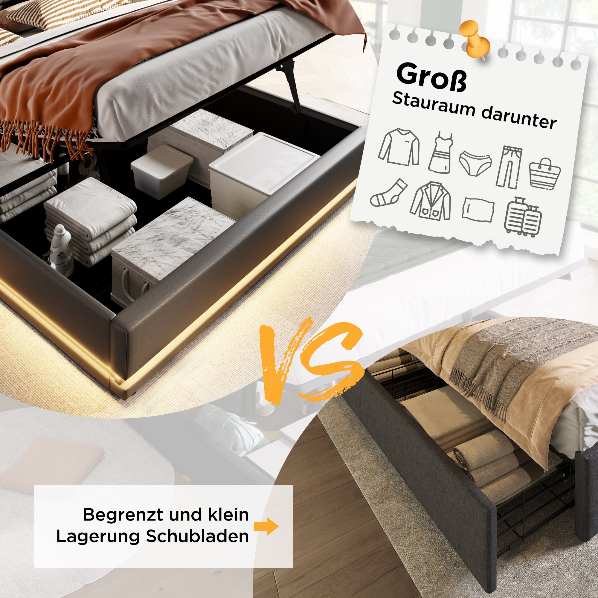 lit coffre 140x200 gris, lit double rembourré avec rangement hydraulique, LED 3 côtés et ports USB Type-C, sans matelas