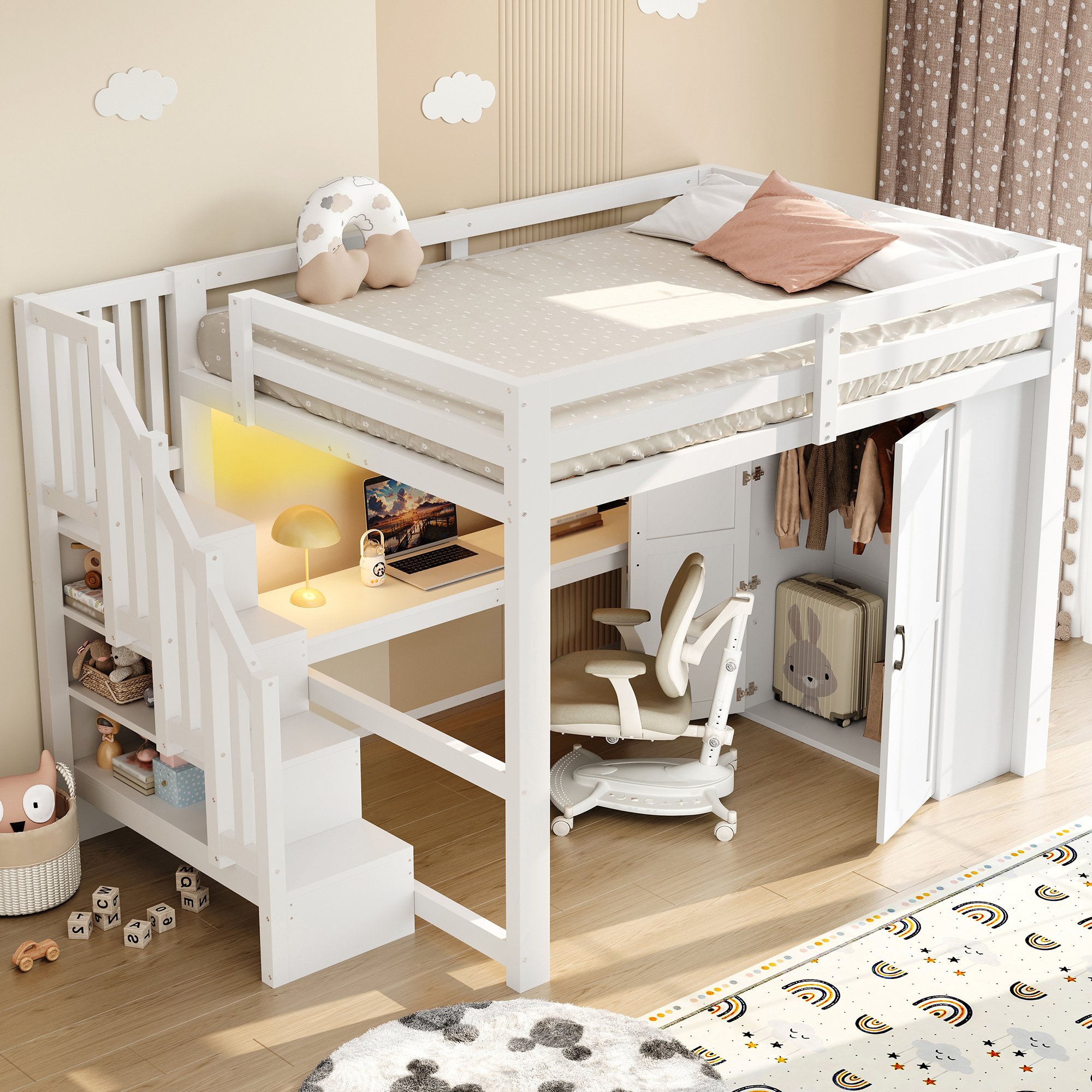 Lit mezzanine 140x200 avec bureau intégré, armoire et éclairage LED, escalier avec rangements, blanc