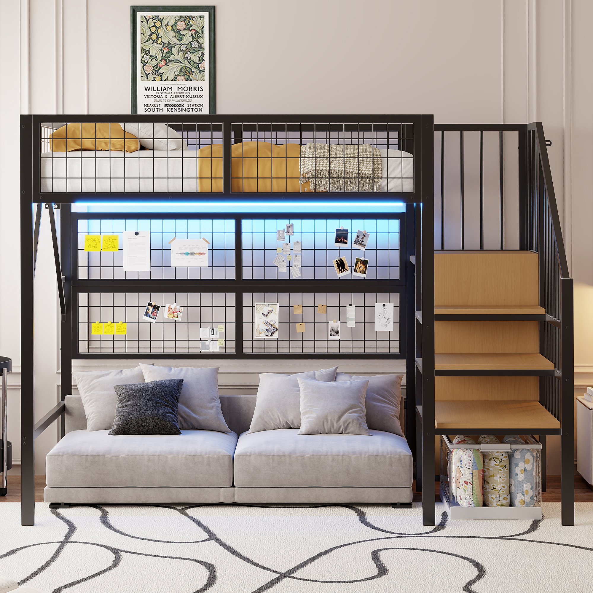 Lit superposé 90x200, 2 couchages, avec échelle, rangements et LED, pour enfant