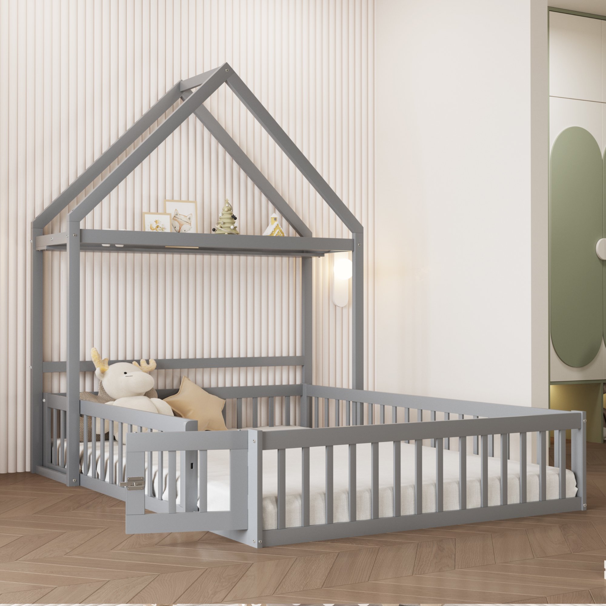 Lit enfant avec rangement, lit coffre 140x200 en bois massif, avec porte et barrière de sécurité, gris